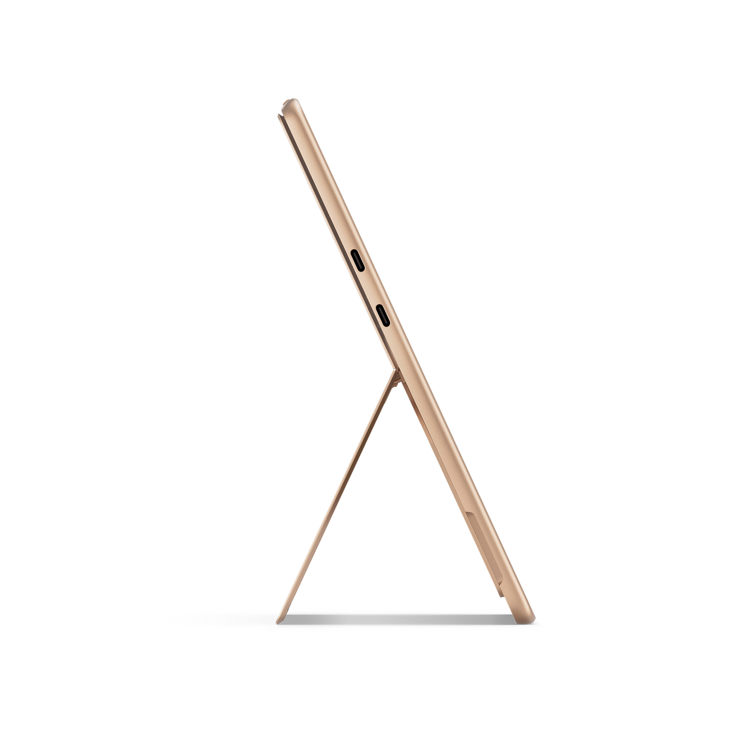 Gold tablet computer in profile, propped open with a stand, showing the side view.