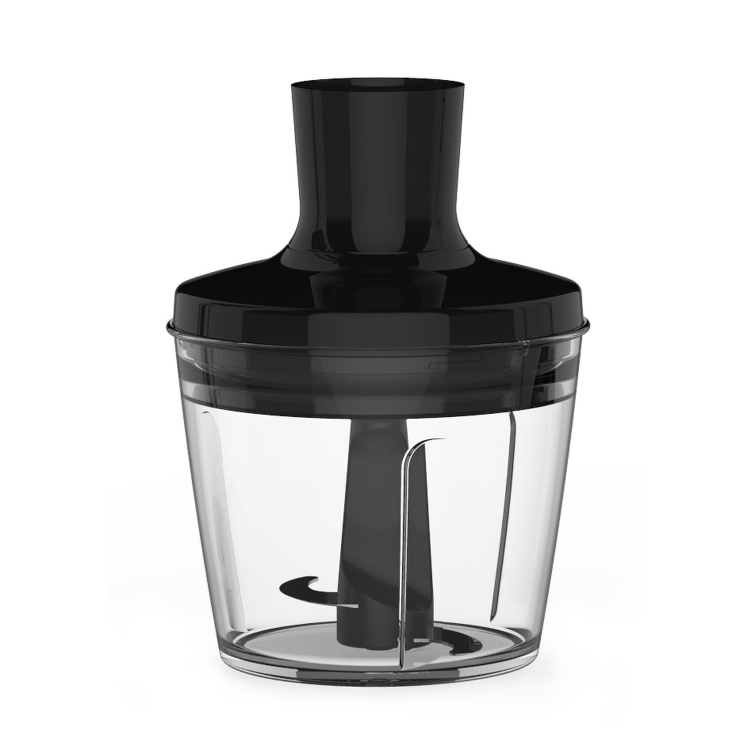 Base de mixeur plongeant noire et transparente avec un récipient transparent et une lame.