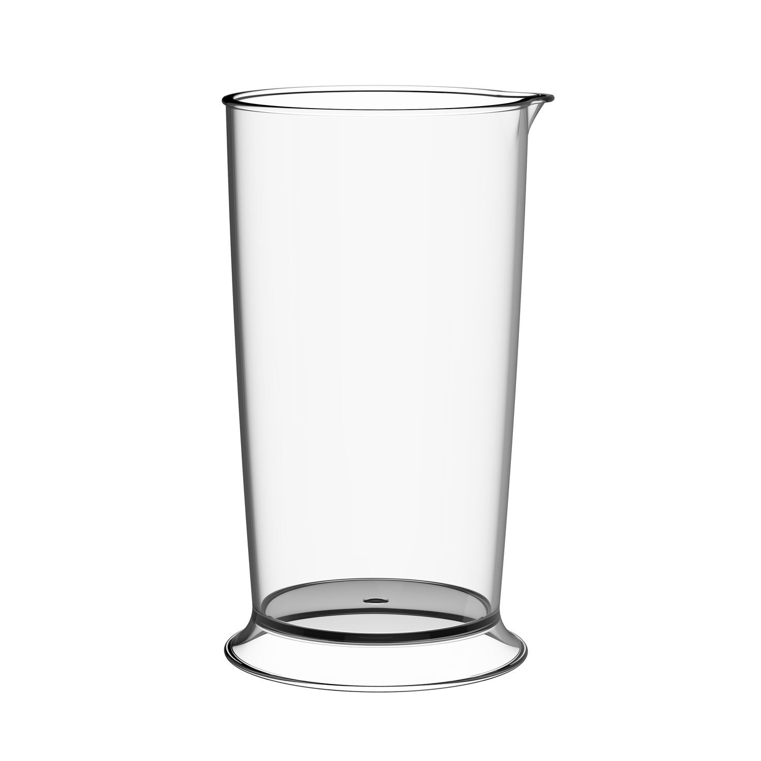 Un grand bécher en plastique transparent avec un bec verseur, sur fond blanc.