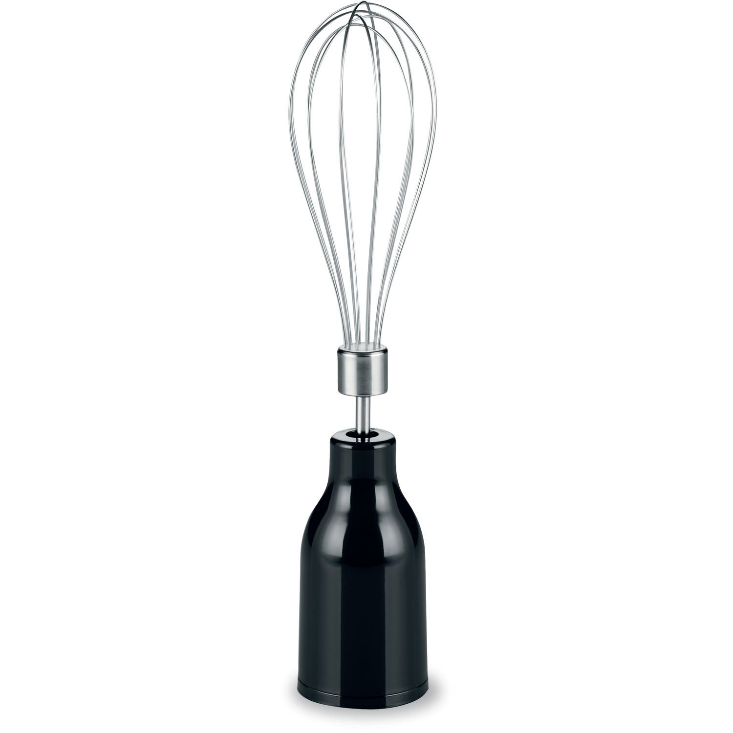 Accessoire de batteur à main noir avec fouet chromé, sur fond blanc.