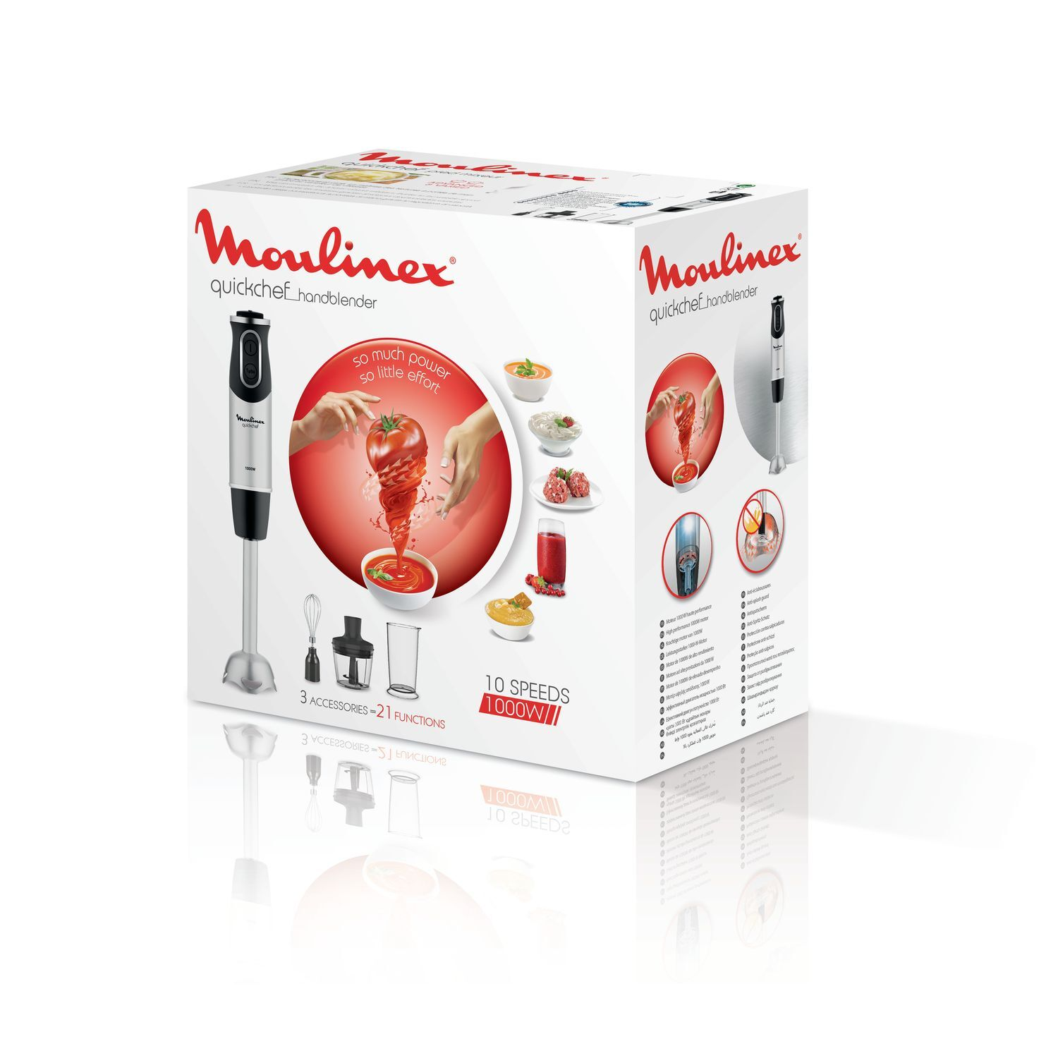 Boîte de mixeur plongeant Moulinex Quickchef, blanche avec images d'utilisation et pièces.