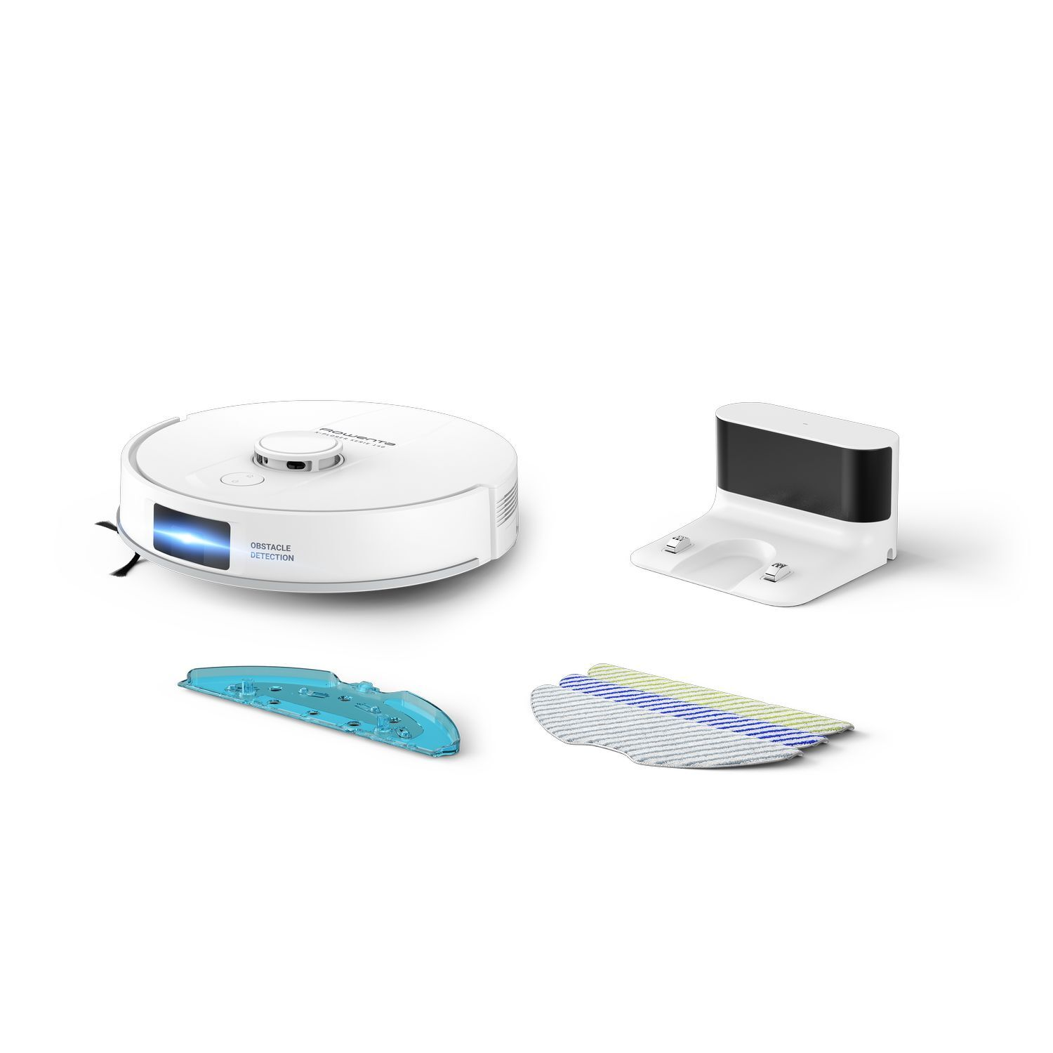 Robot vacuum cleaner, charging station, cleaning tools on a white background.