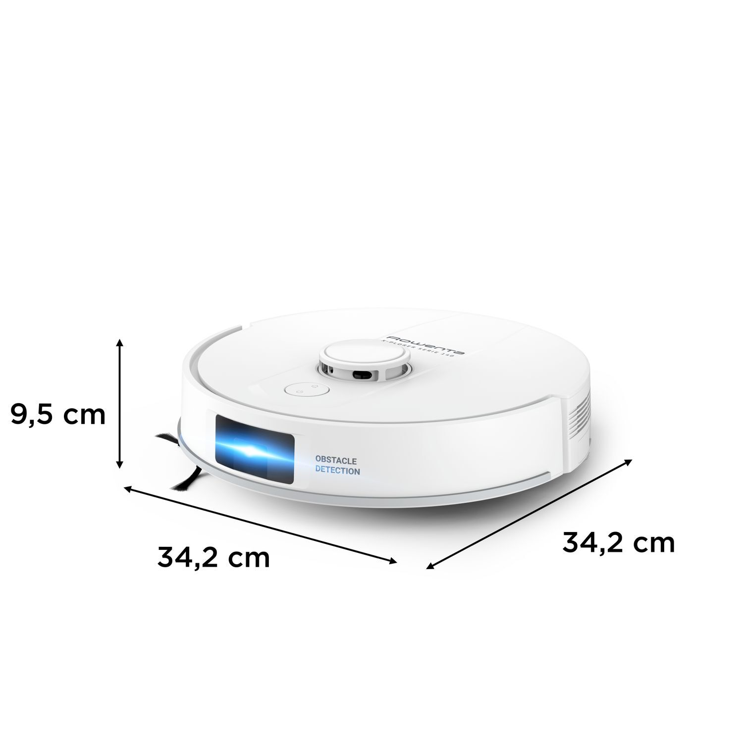 A white, circular robot vacuum cleaner with dimensions labeled, against a white background.