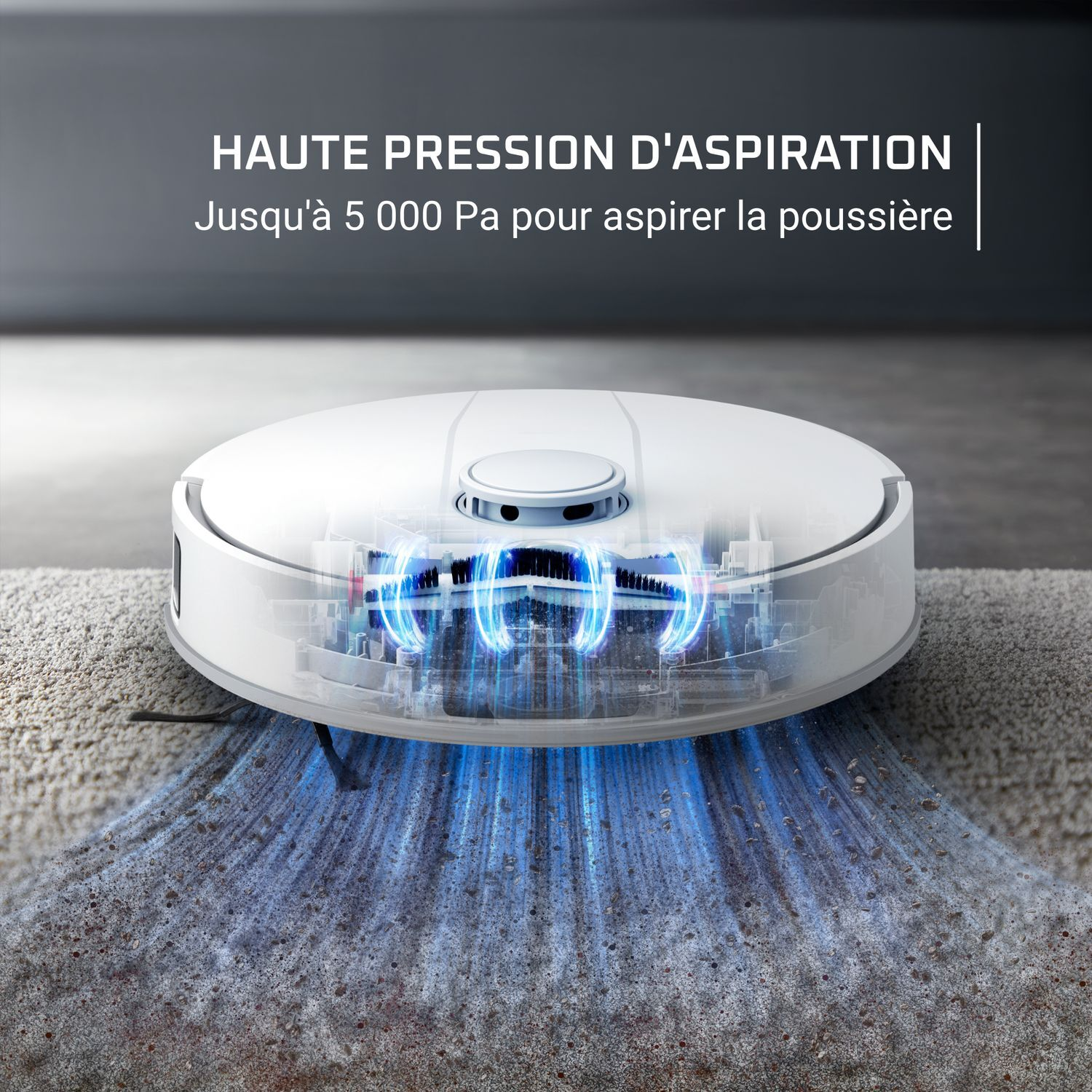 Aspirateur robot blanc nettoyant un tapis. Des lumières bleues émanent de la machine, avec superposition de texte.