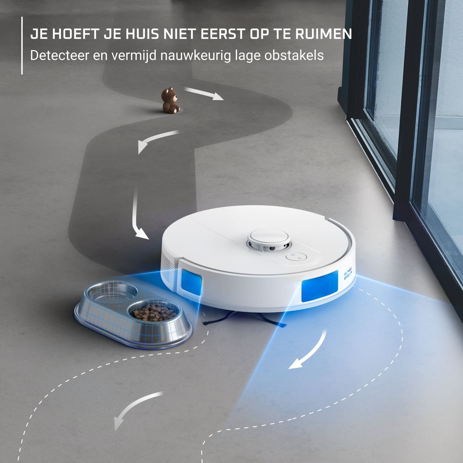 A white robot vacuum cleaner cleaning a gray floor. Arrows show its path.
