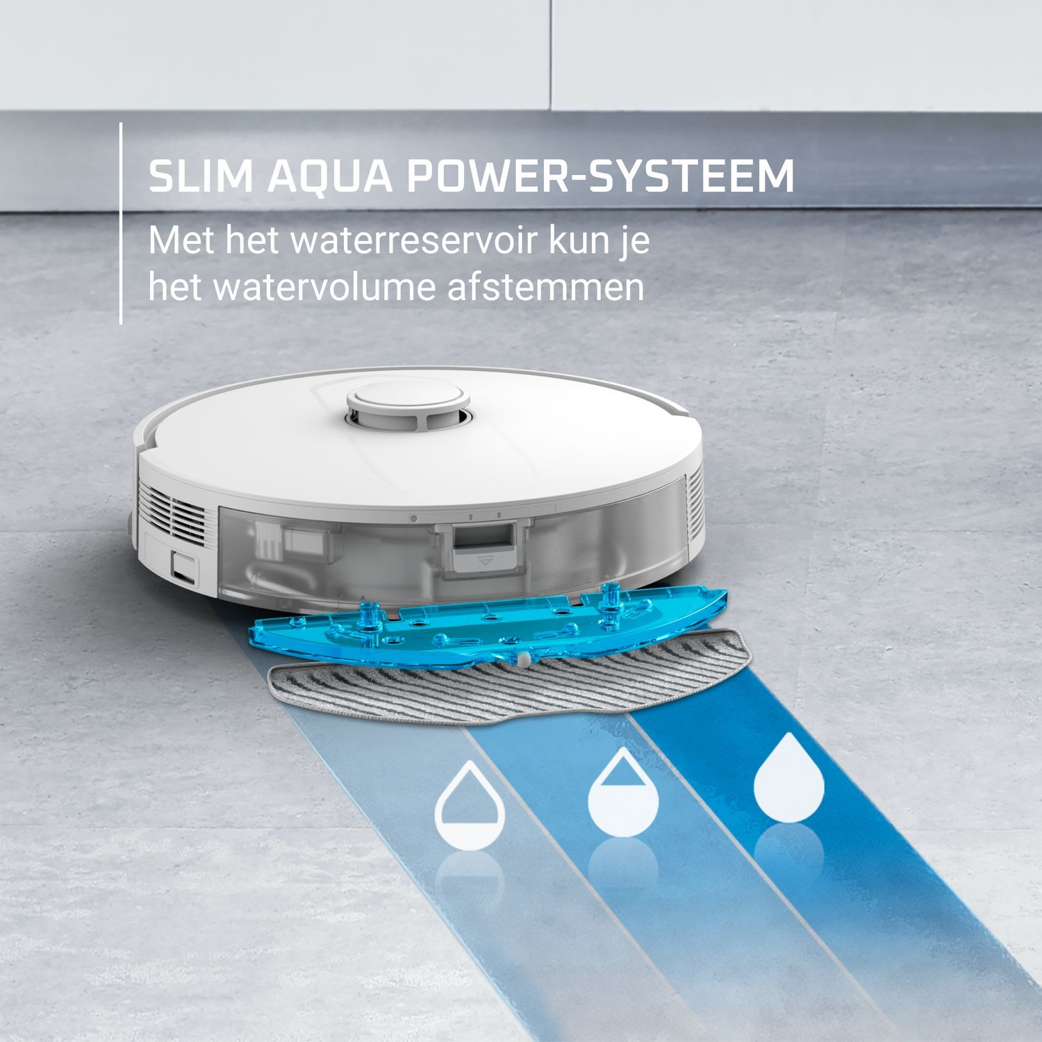 A white robotic vacuum cleaner with a blue mop attachment and water droplets.