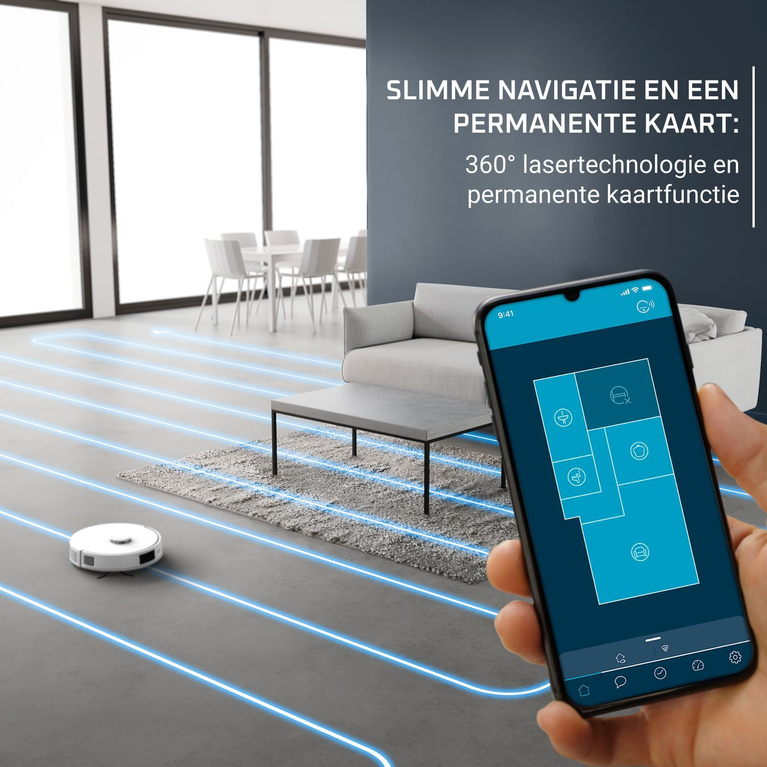 Robot vacuum cleaner on floor with map on phone screen. Text in Dutch.
