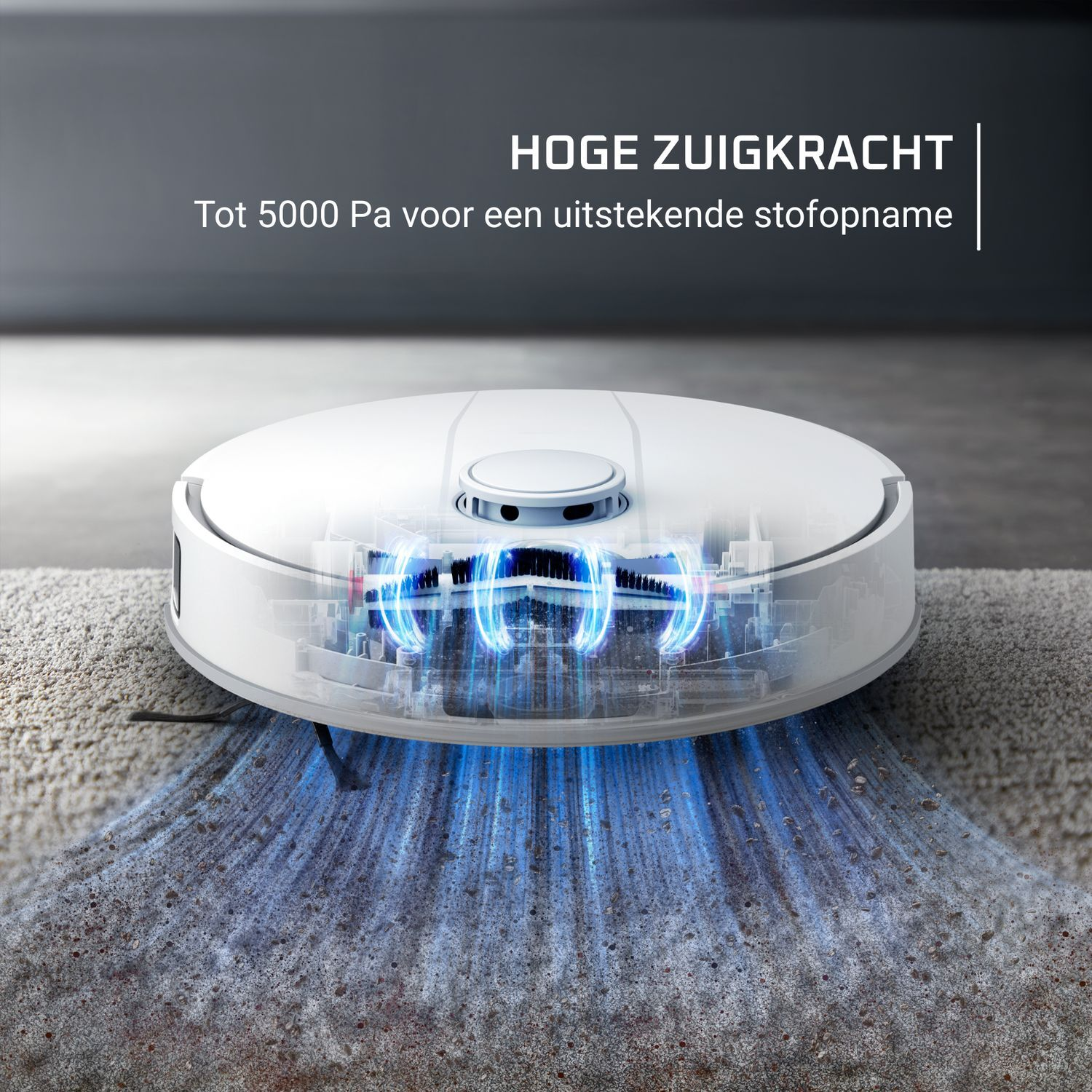 Robot vacuum cleaner on carpet. Text: 'High suction power', 'Up to 5000 Pa for excellent dust pickup'.