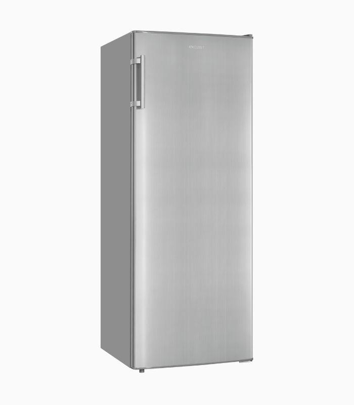 Edelstahlkühlschrank auf weißem Hintergrund. Hohes und schmales Design.