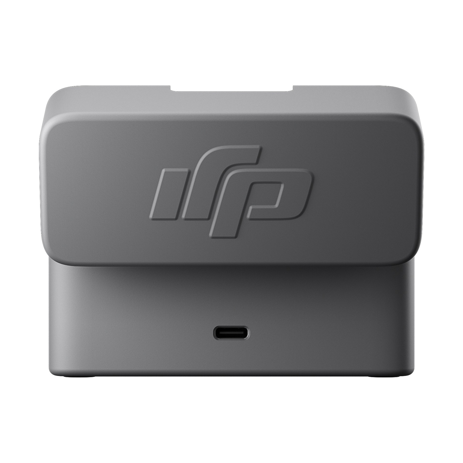 Dock di ricarica grigio. Ha una parte superiore piatta con un logo. Porta USB-C in basso.