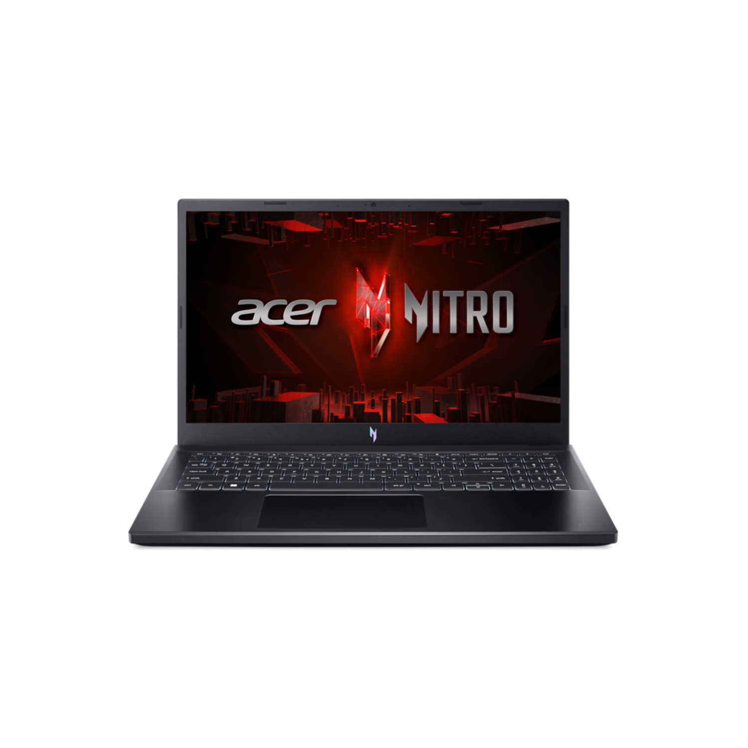 Acer Nitro laptop met een rood logo op het scherm, op een zwarte achtergrond, gesloten.