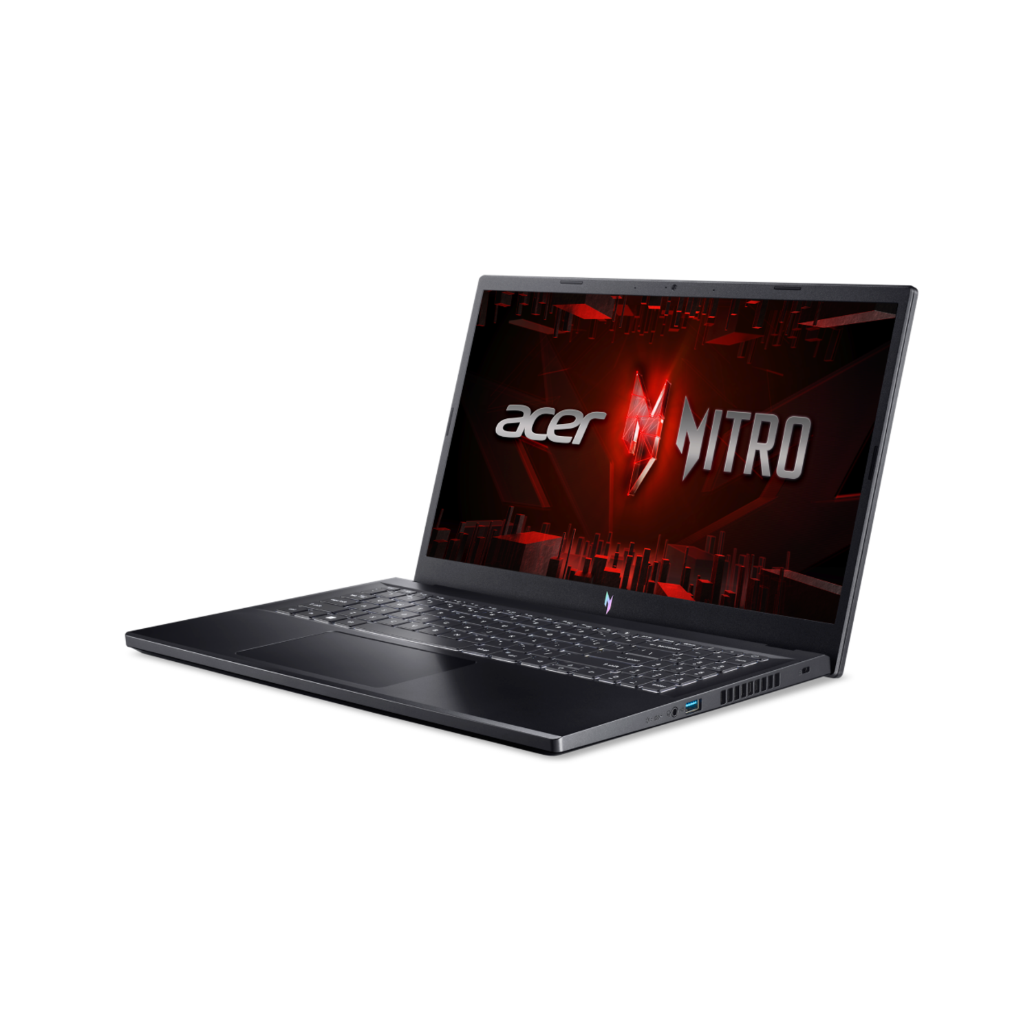 Zwarte Acer Nitro laptop op een zwarte achtergrond, open.