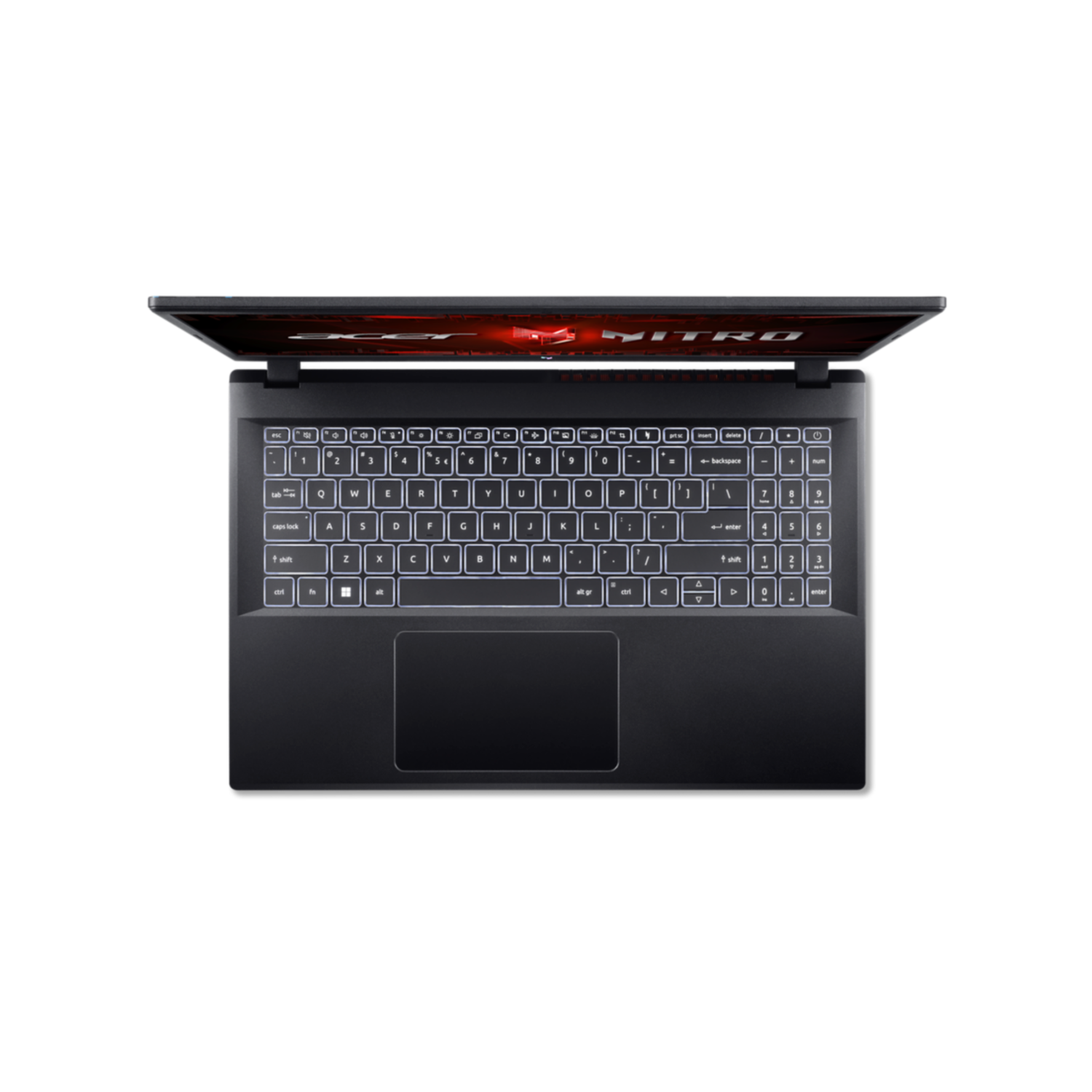 Zwarte laptop bovenaanzicht, toetsenbord verlicht. Acer Nitro-merk op scherm. Zwarte achtergrond.