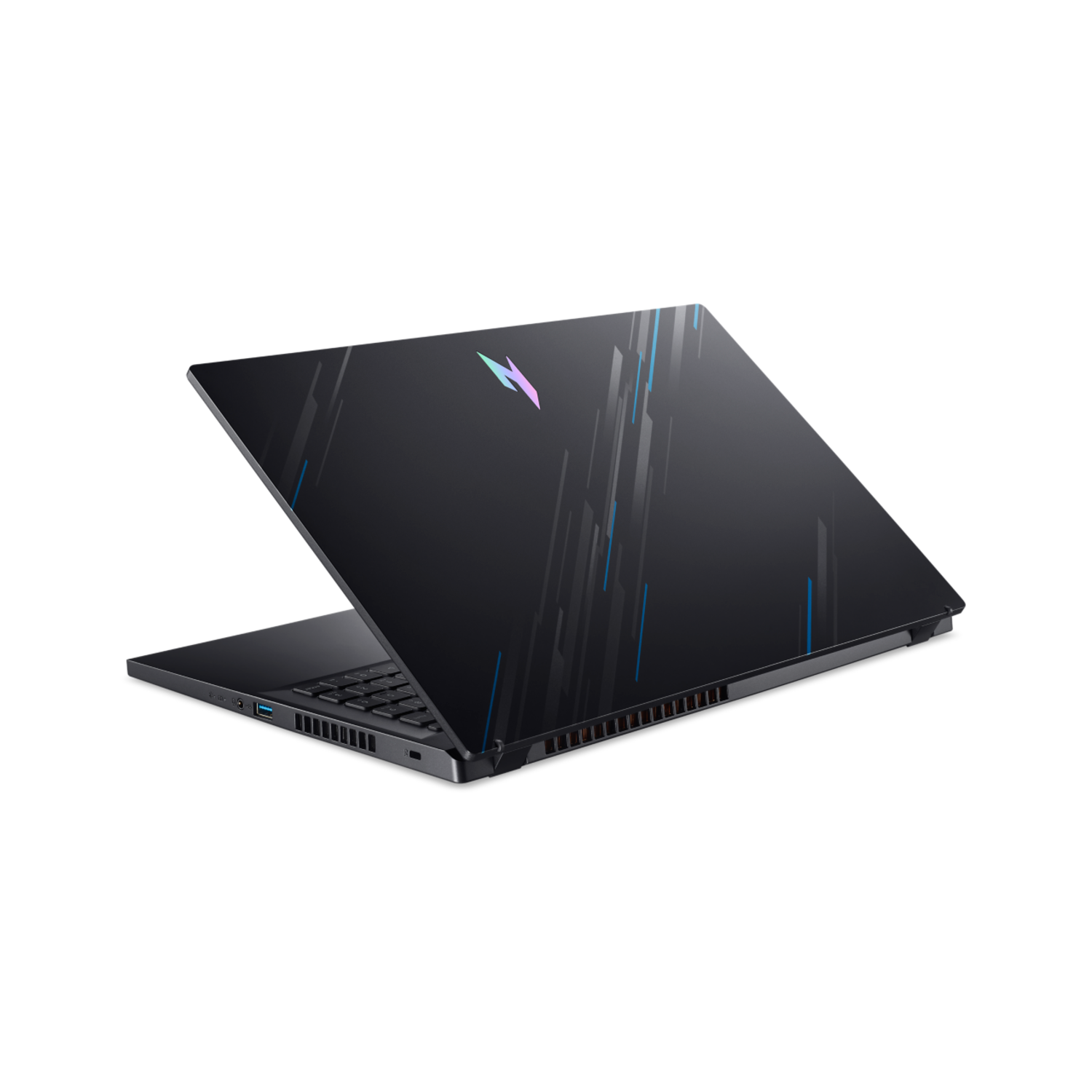 Een zwarte laptop wordt van achteren getoond, iets open, schuin tegen een zwarte achtergrond.