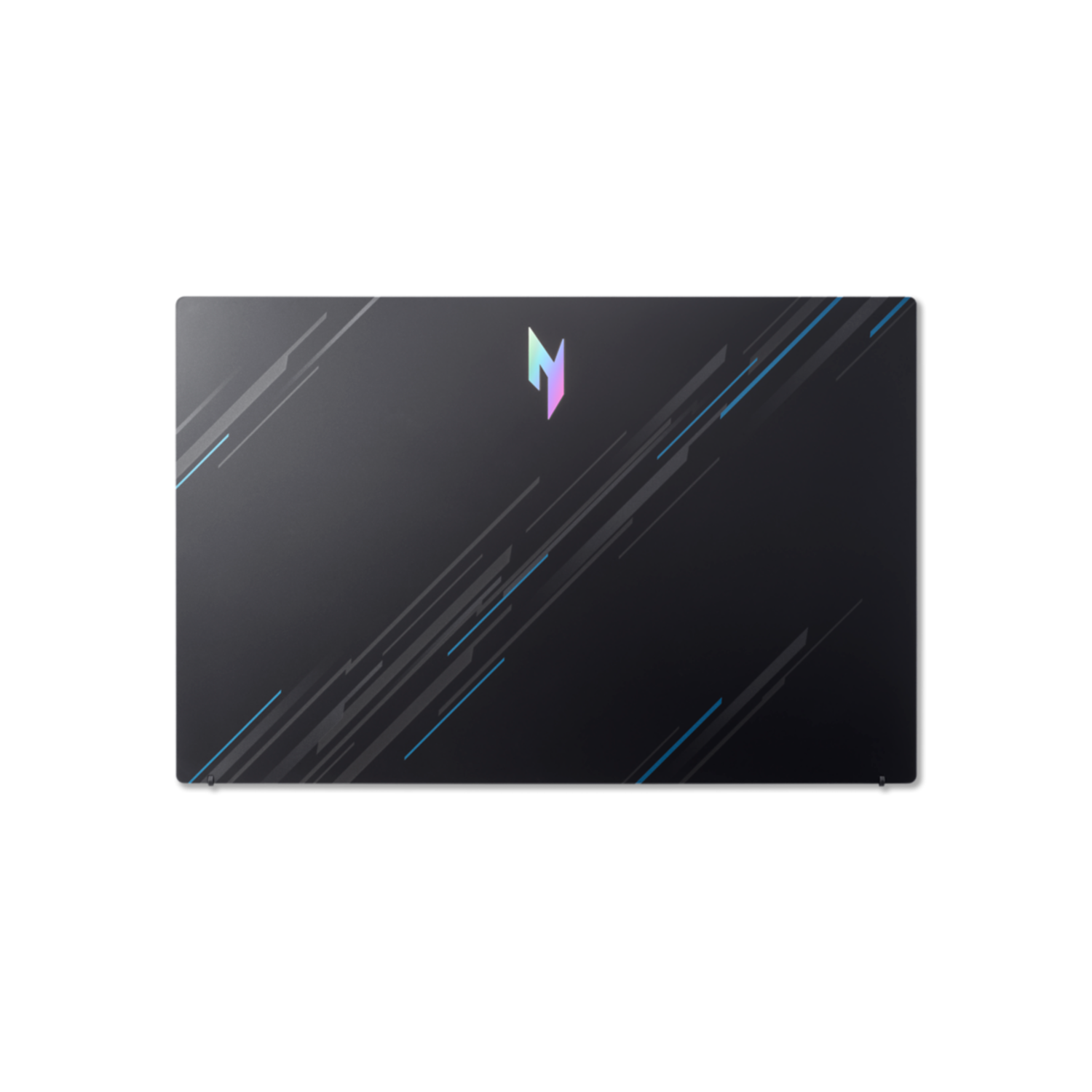 Bovenaanzicht van een zwarte laptop met een kleurrijk logo en blauwe designlijnen op de cover.