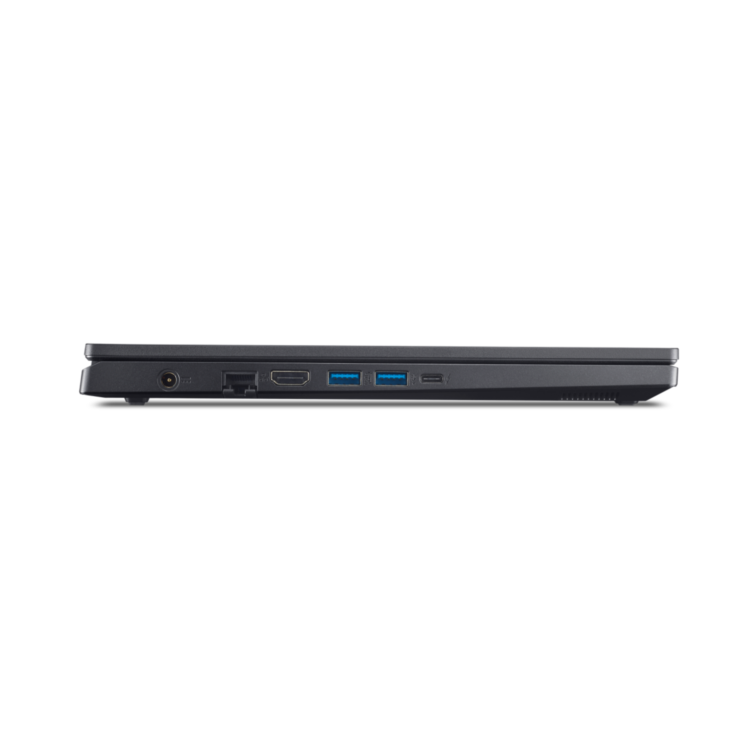 De zijkant van een zwarte laptop. Poorten zijn onder meer een stroomingang, Ethernet, HDMI en USB-poorten.