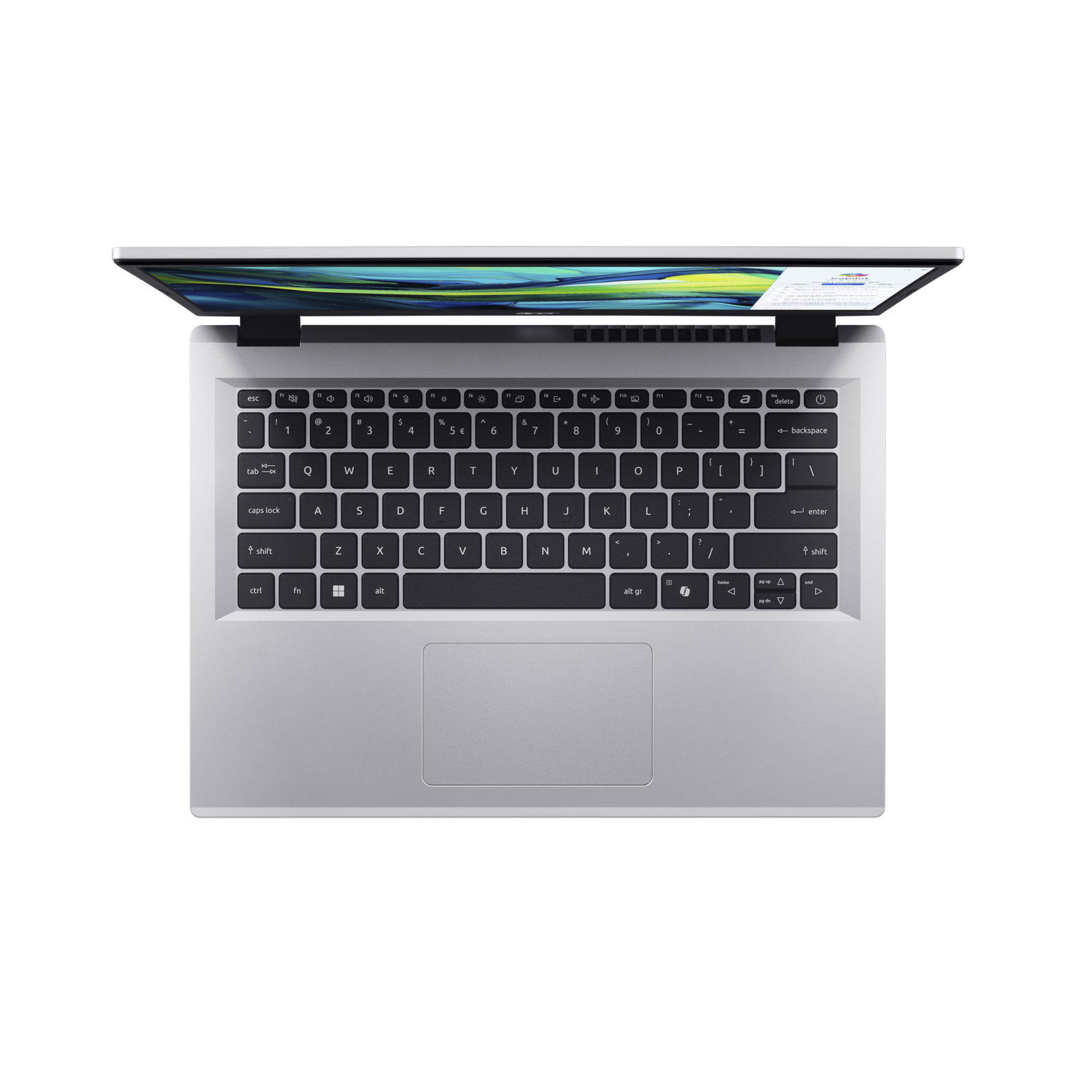 A silver laptop, open, showing the keyboard and trackpad, set against a black background.