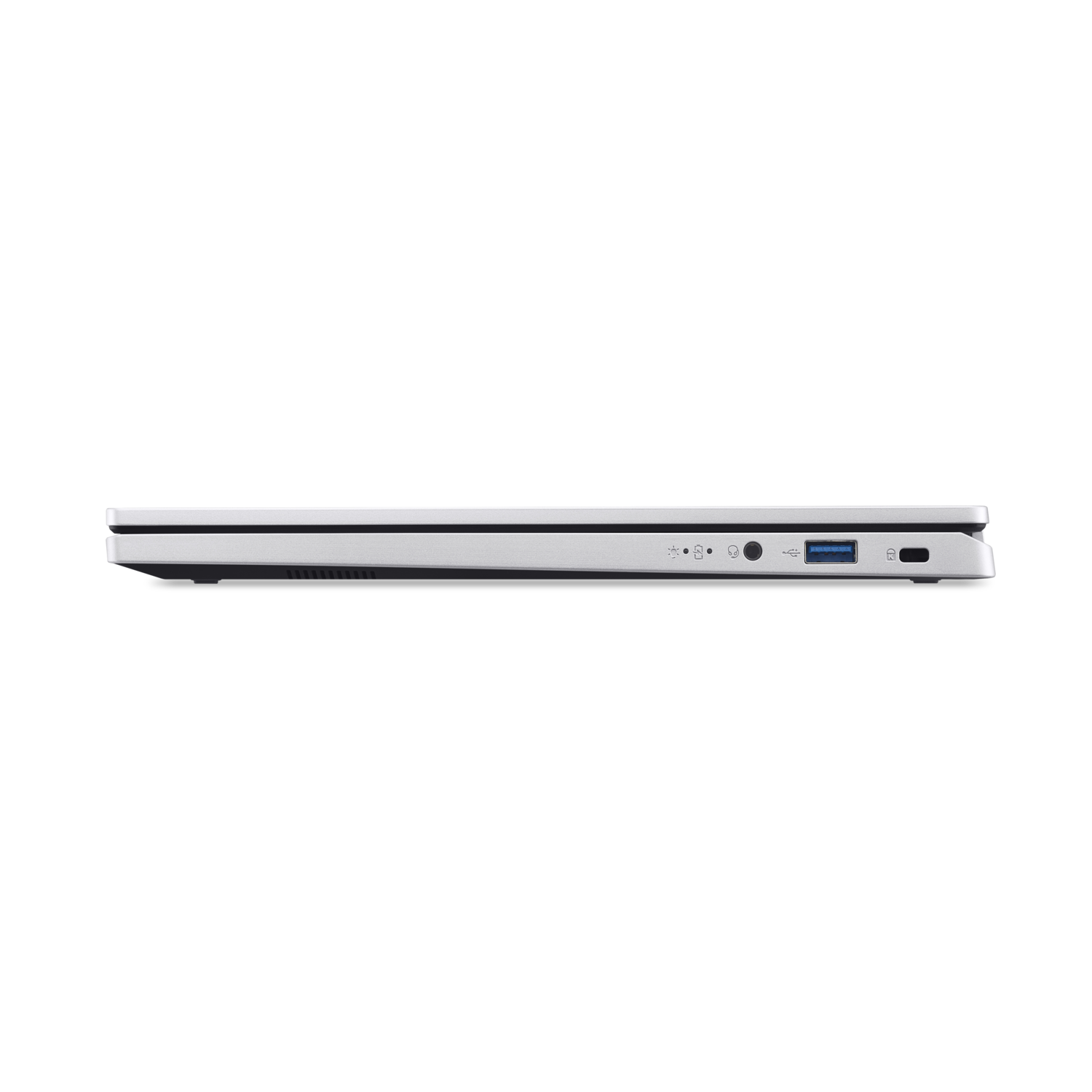 Side view of a white laptop with ports on the side. Black background.