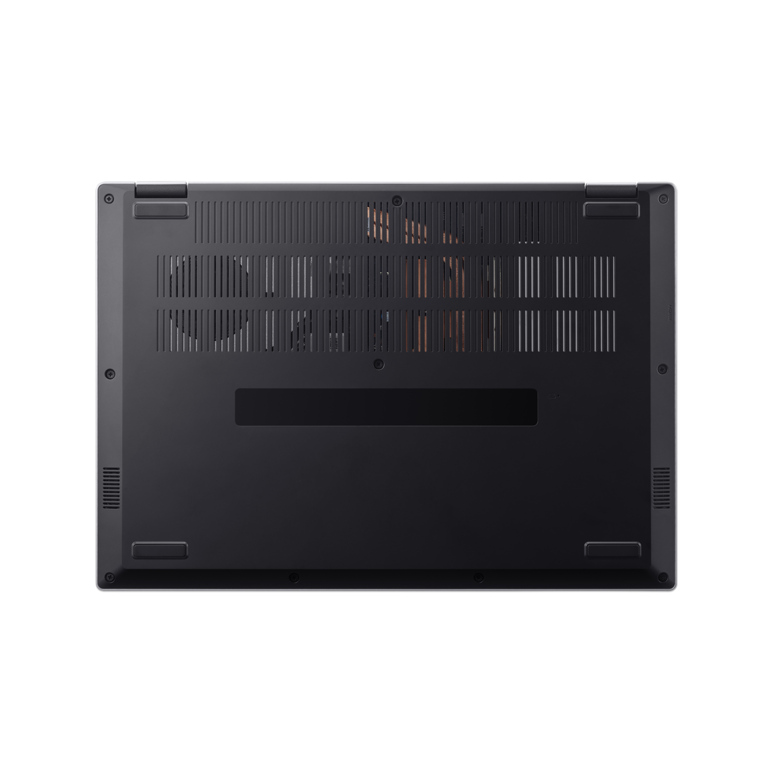 Bottom of a black laptop showing vents and feet, on a black background.