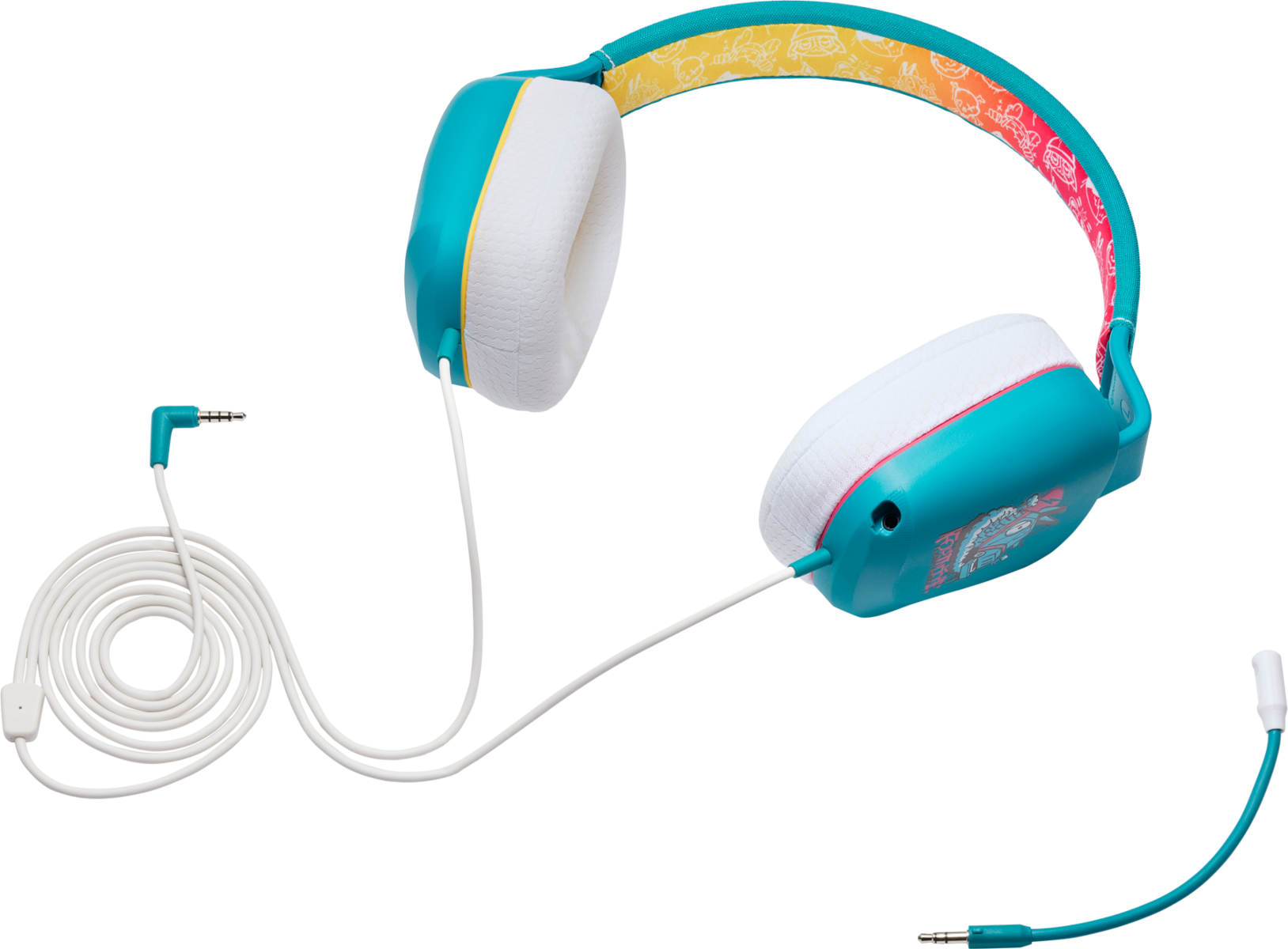Türkiz fejhallgató fehér fülpárnákkal és színes fejpánttal. Fehér kábelek és két audio csatlakozó látható.