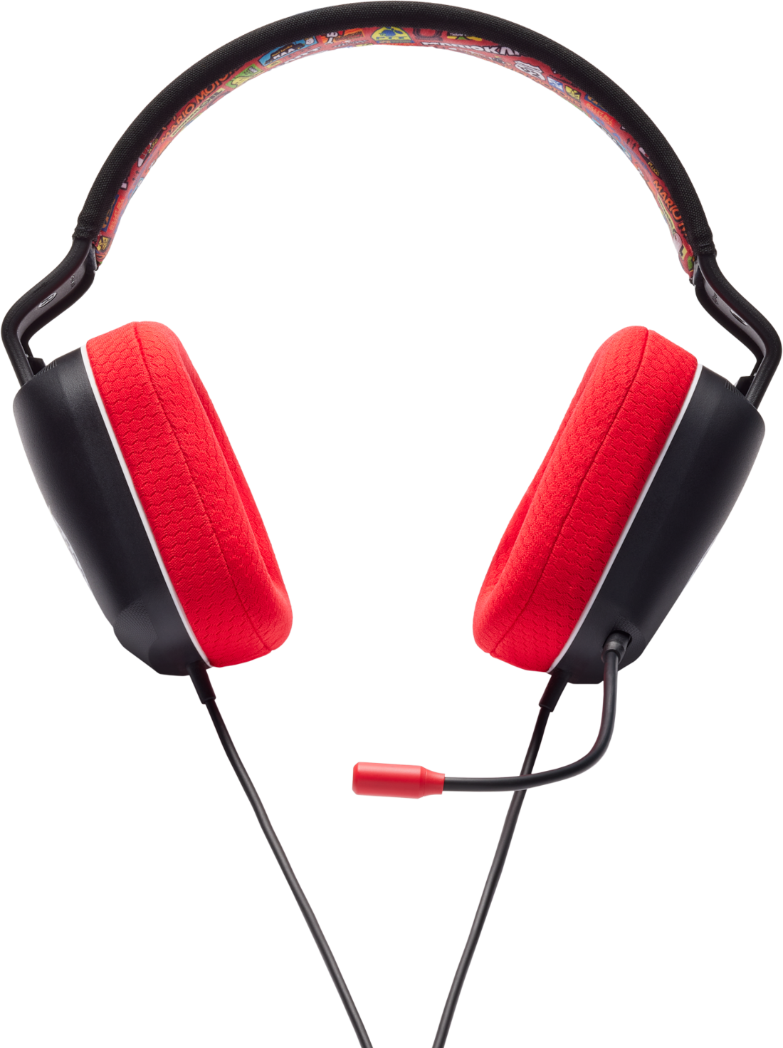 Piros-fekete gamer fejhallgató mikrofonnal. Fekete háttér.