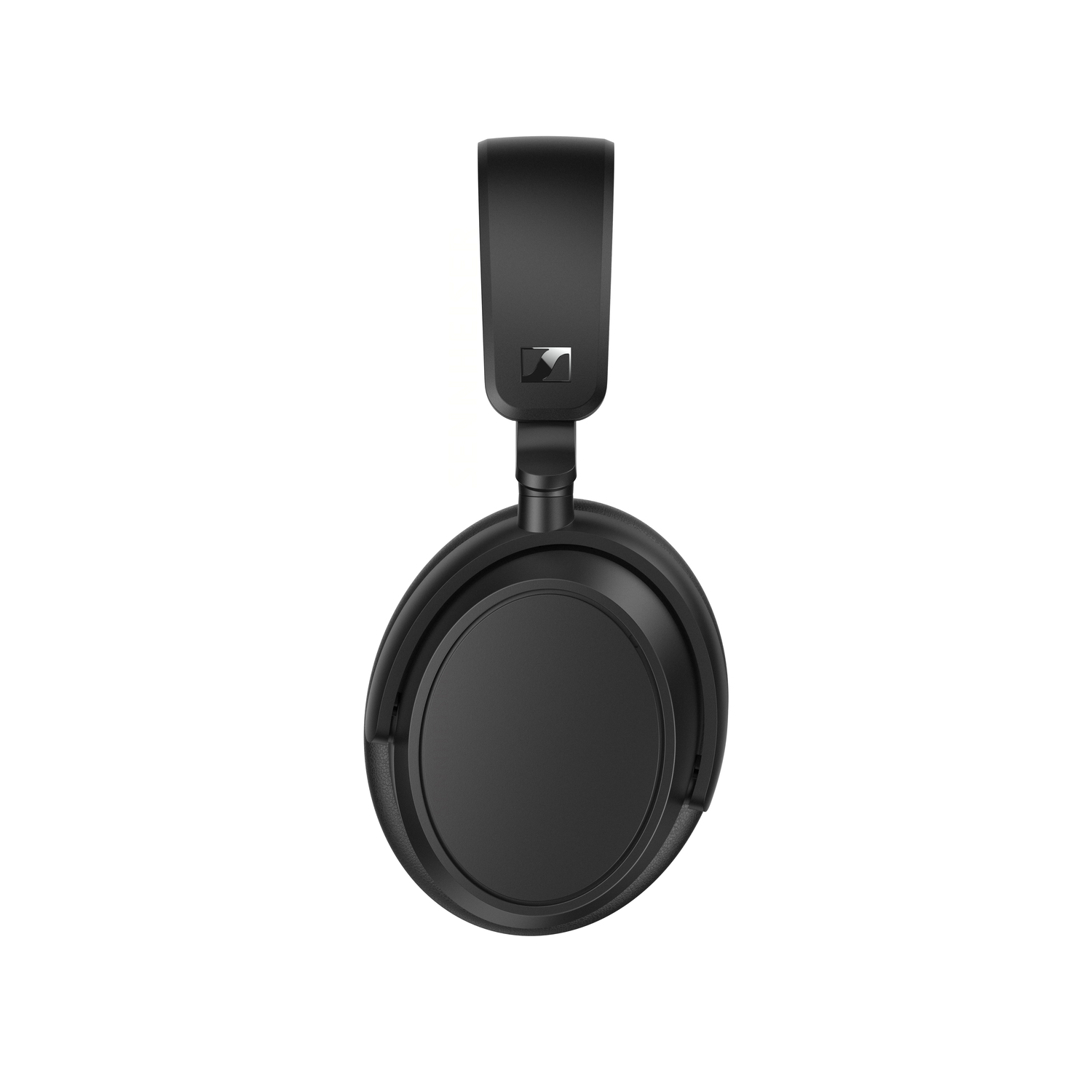 Black headphones with a silver logo on a white background.