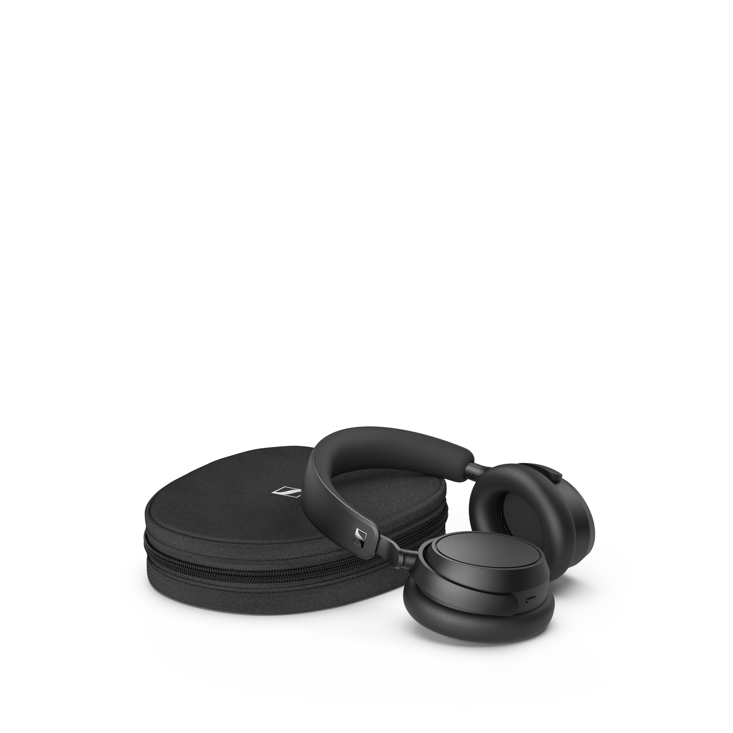 Black headphones and case. Headphones are on a white background. Case is a dark grey oval.