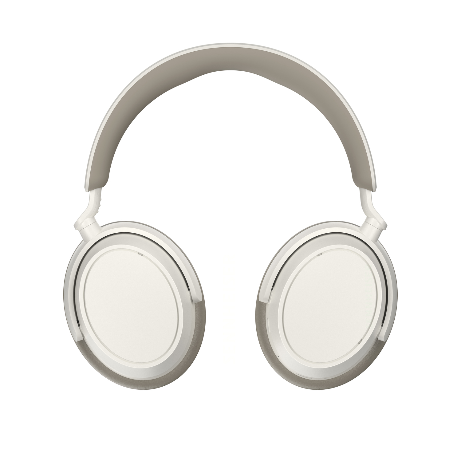 Casque blanc avec bandeau gris, vue de face.