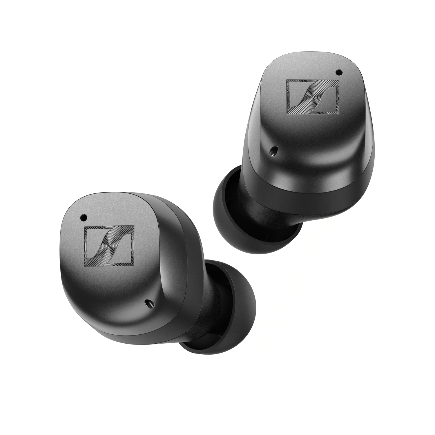 Black wireless earbuds on a white background, close-up.