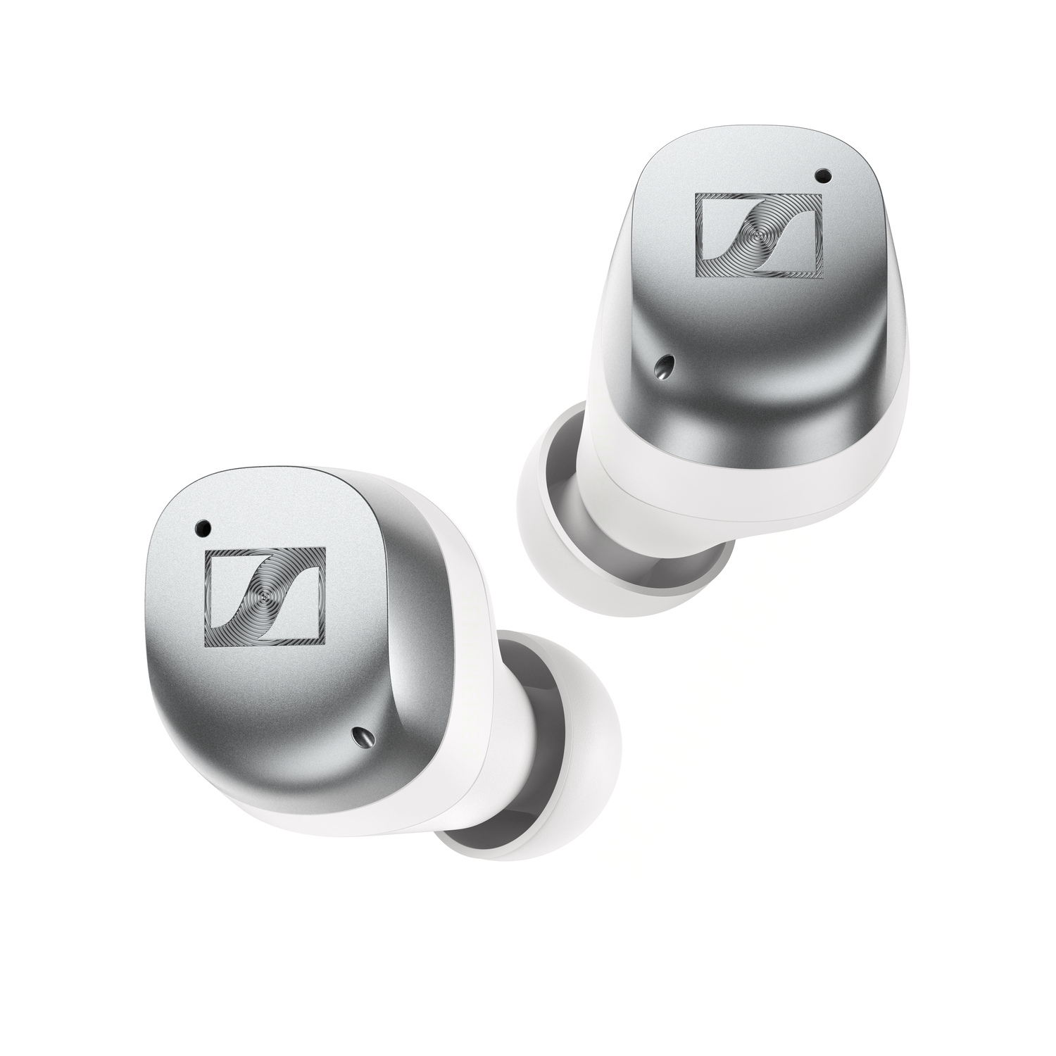 Two silver and white wireless earbuds. Each has the brand logo and small holes. White background.