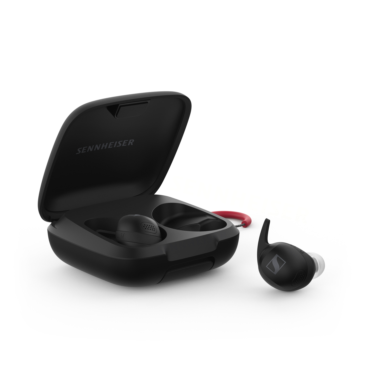 Black earbuds and charging case. Case open, earbuds inside and one earbud outside.