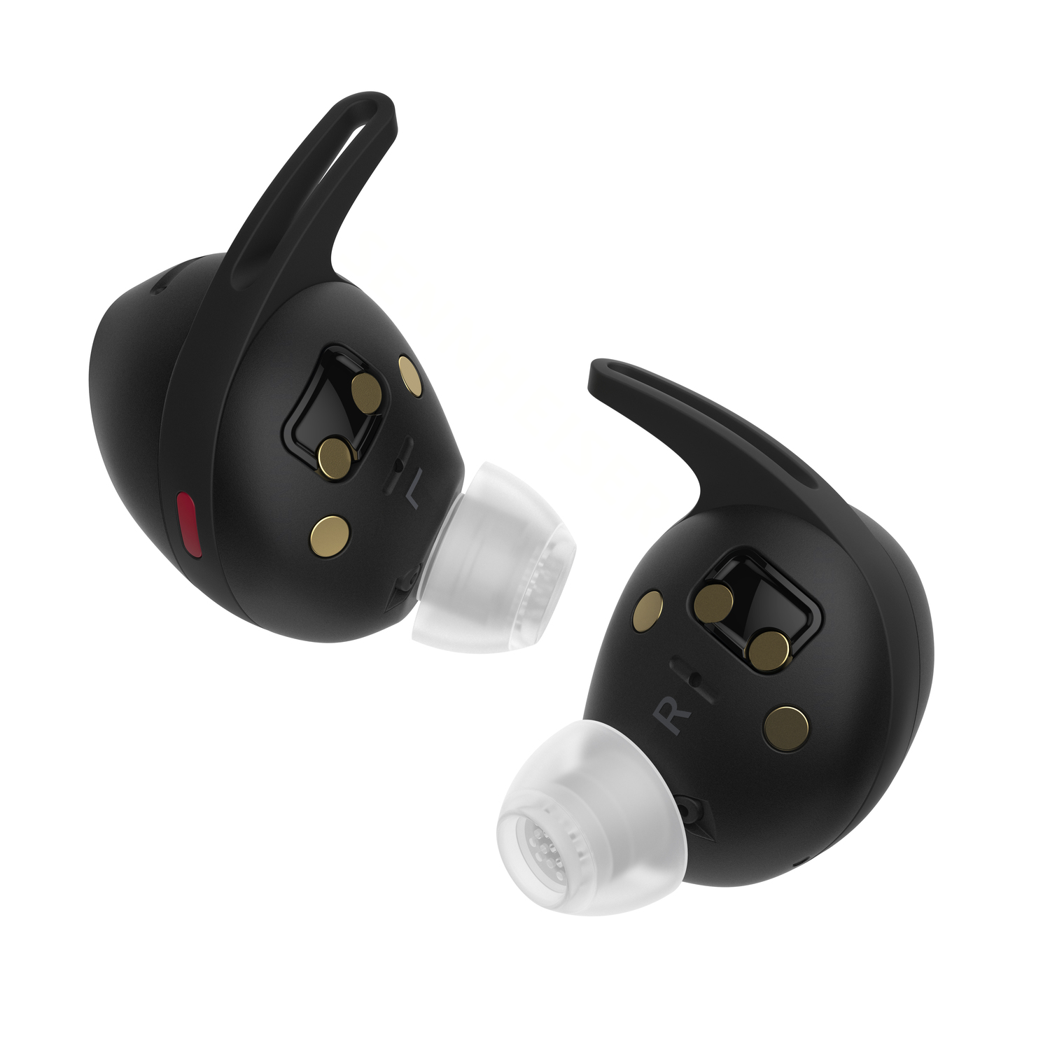 Black wireless earbuds with gold accents, white ear tips on white background.
