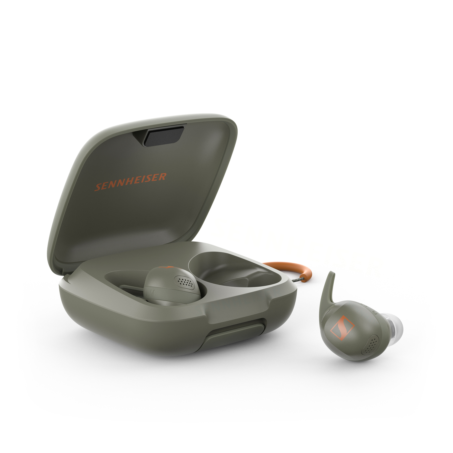 Sennheiser earbuds in charging case, olive green. One earbud separate.