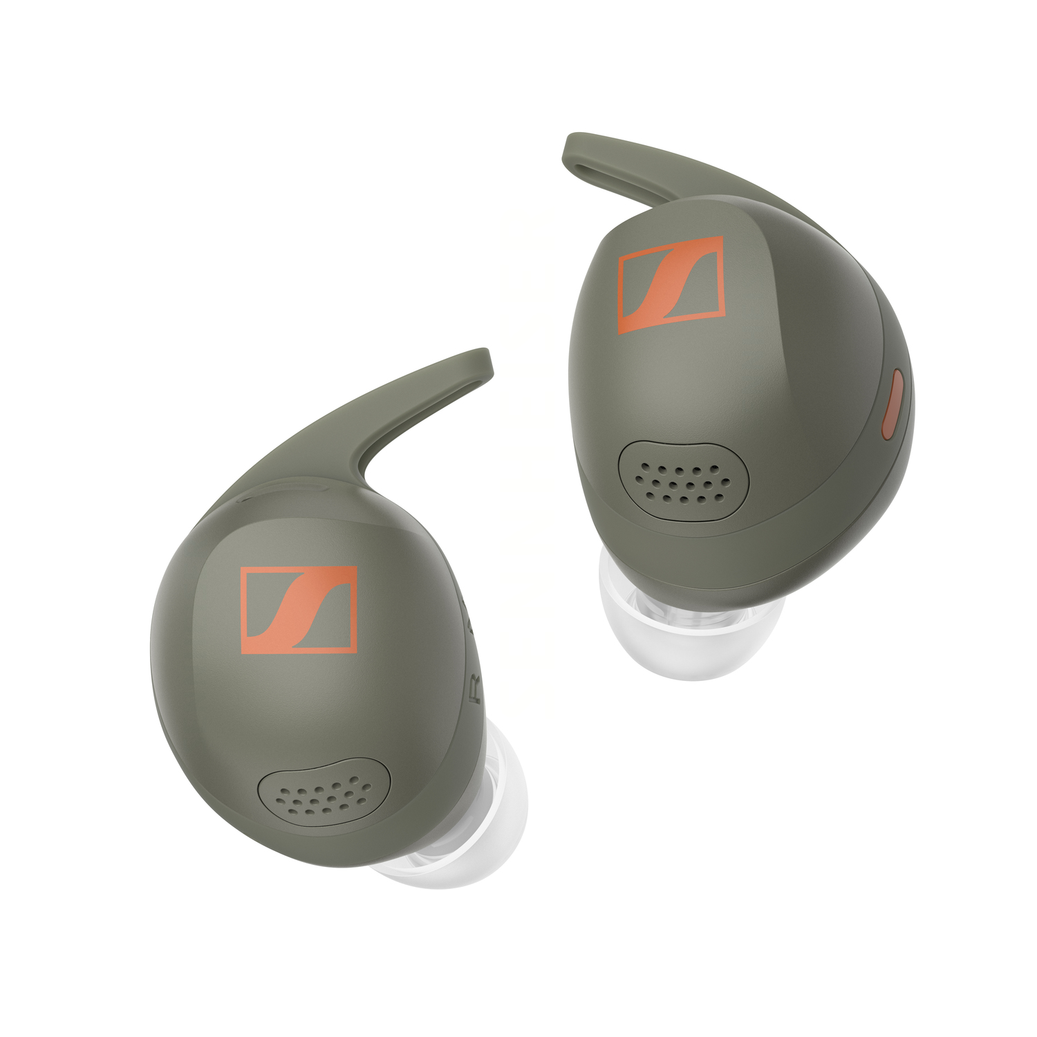 Two olive green earbuds with an orange logo, white ear tips, and a white background.