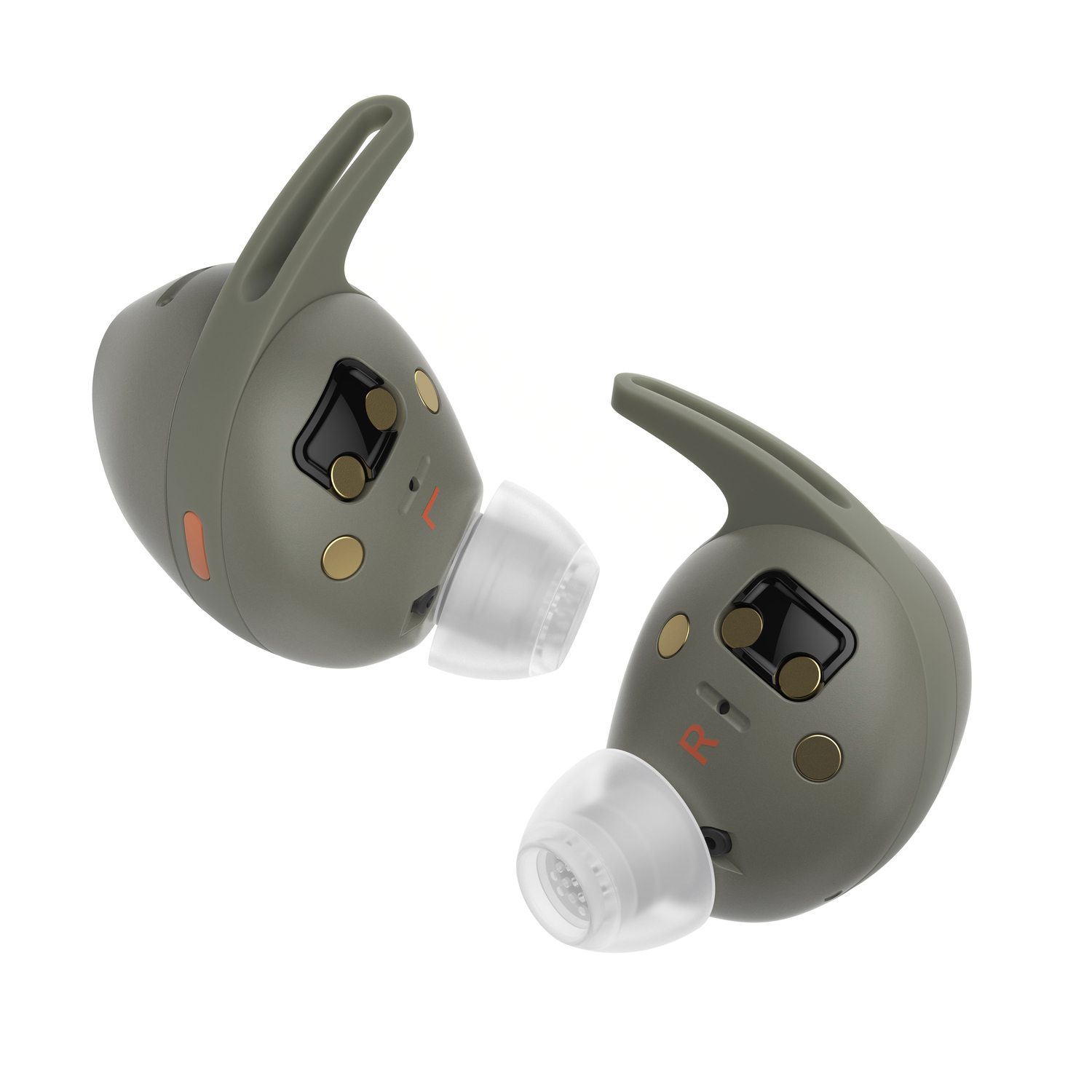 Two olive-green wireless earbuds, angled to show their details, on a white background.