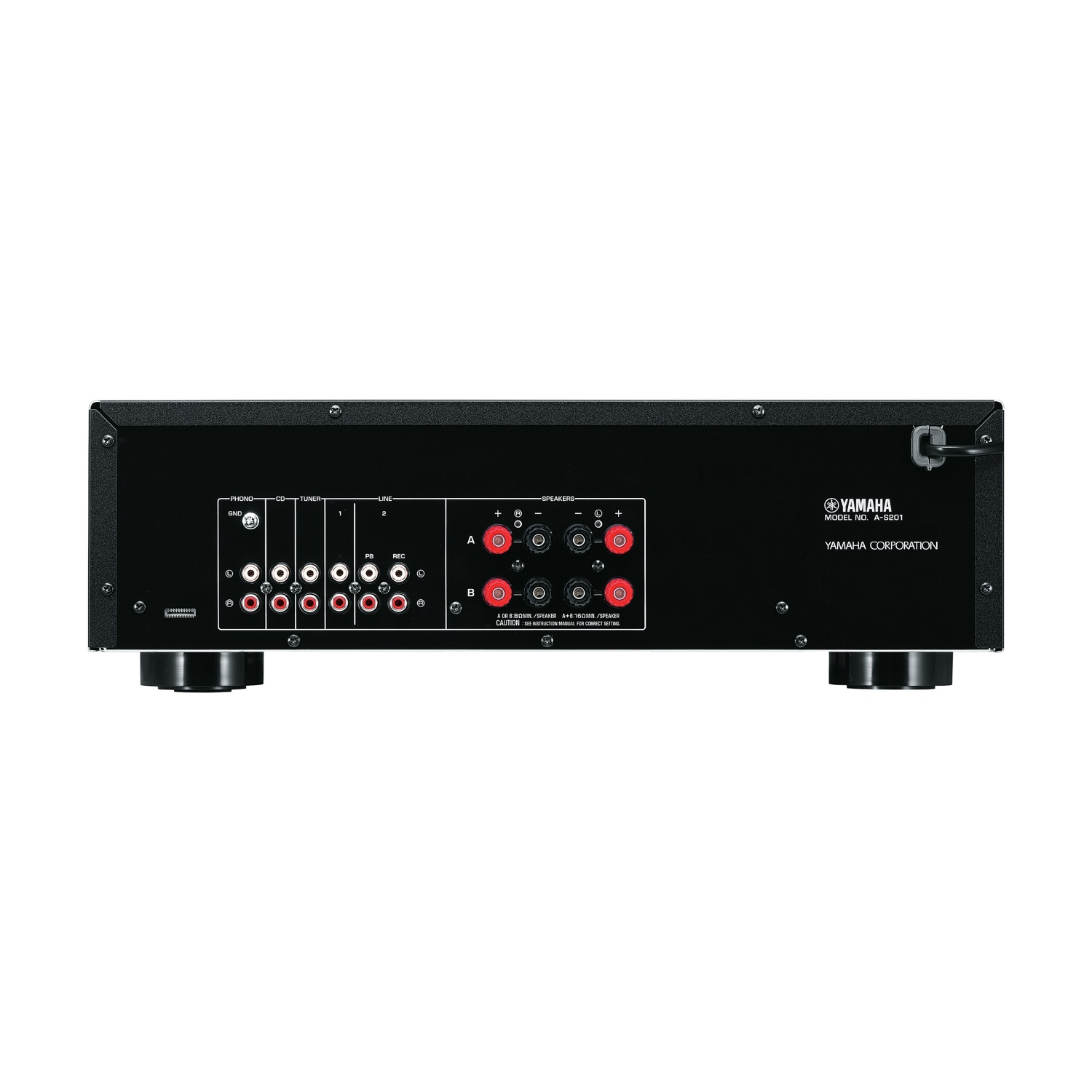 Retro di un amplificatore audio Yamaha nero con porte di ingresso e uscita.