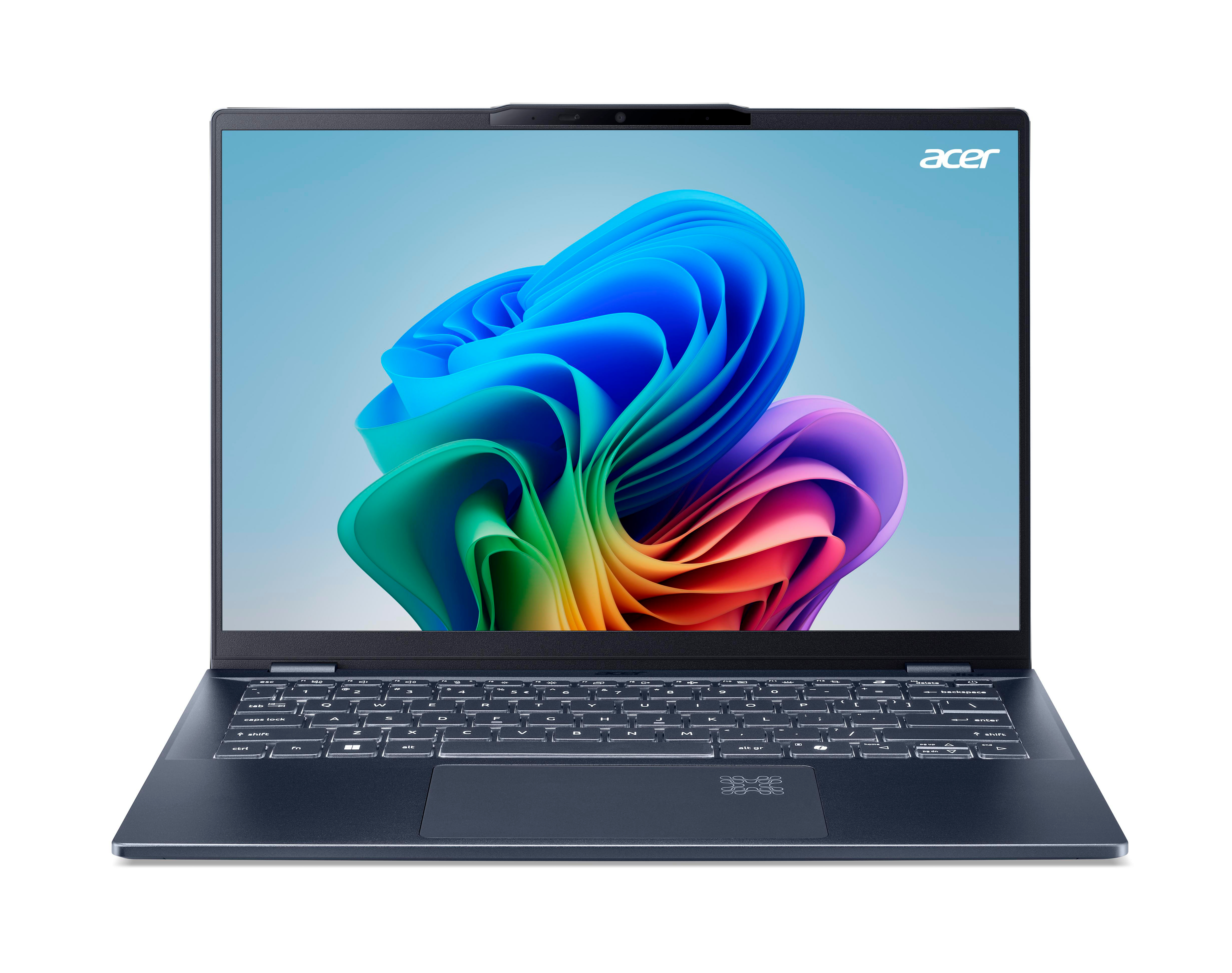 Laptop geöffnet, Bildschirm zeigt farbenfrohe abstrakte Kunst, Acer-Logo oben rechts.