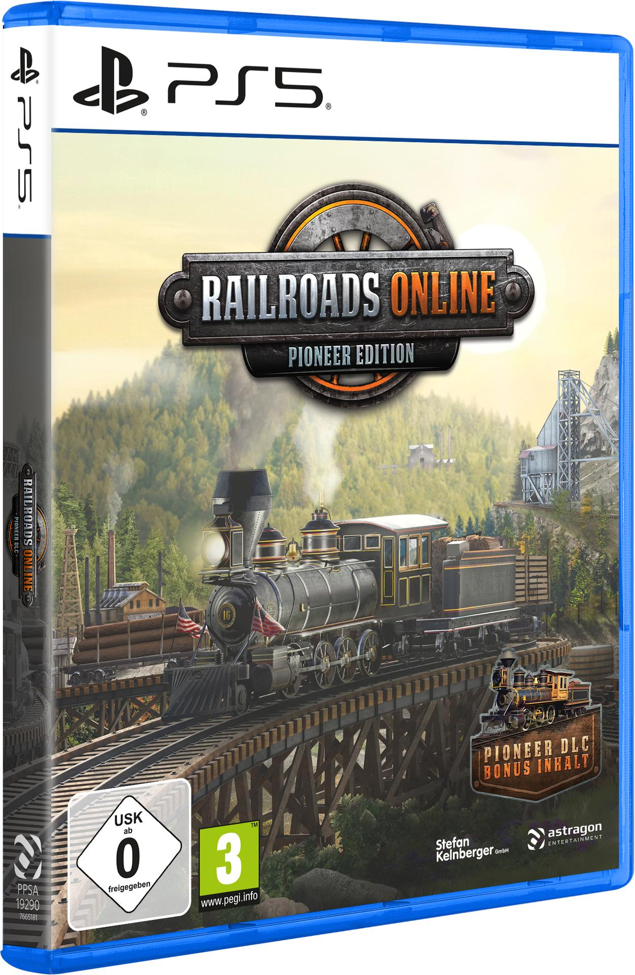 Spielbox 'Railroads Online' Pioneer Edition, mit Zug auf Brücke.