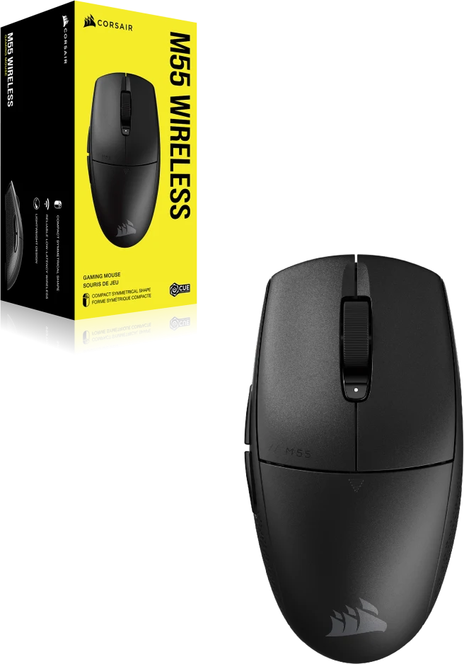 Fekete gaming egér egy dobozzal, rajta a Corsair logója és szöveg.