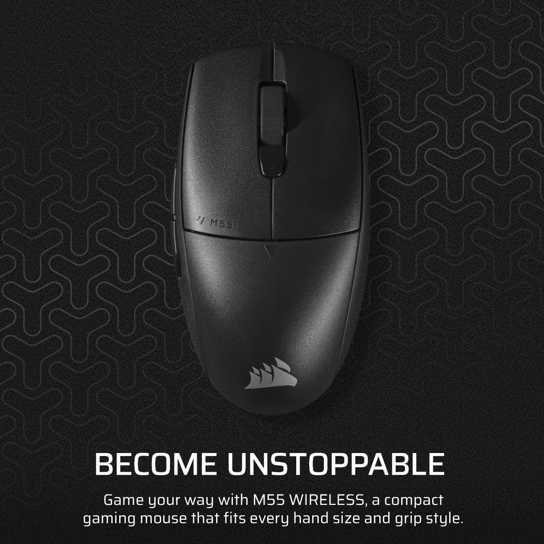 Fekete gamer egér texturált felületen, a "BECOME UNSTOPPABLE" felirattal.