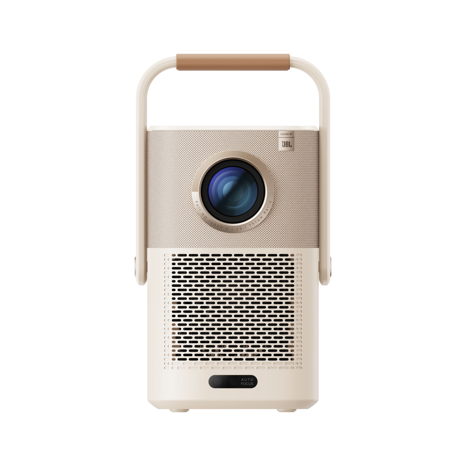 Un projecteur beige avec une poignée et une lentille, avec un fond neutre.