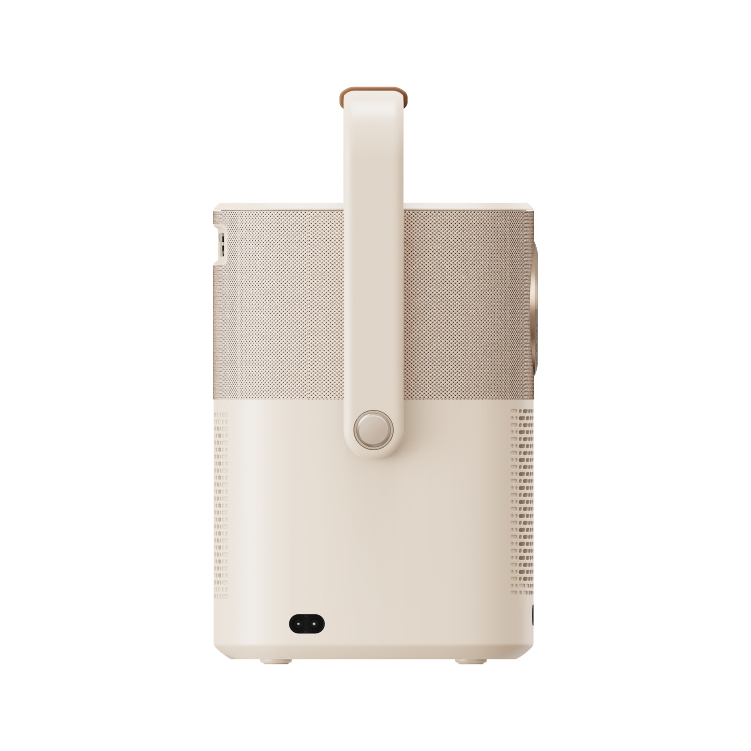 Un projecteur portable beige avec une poignée et une entrée d'alimentation noire, sur fond blanc.