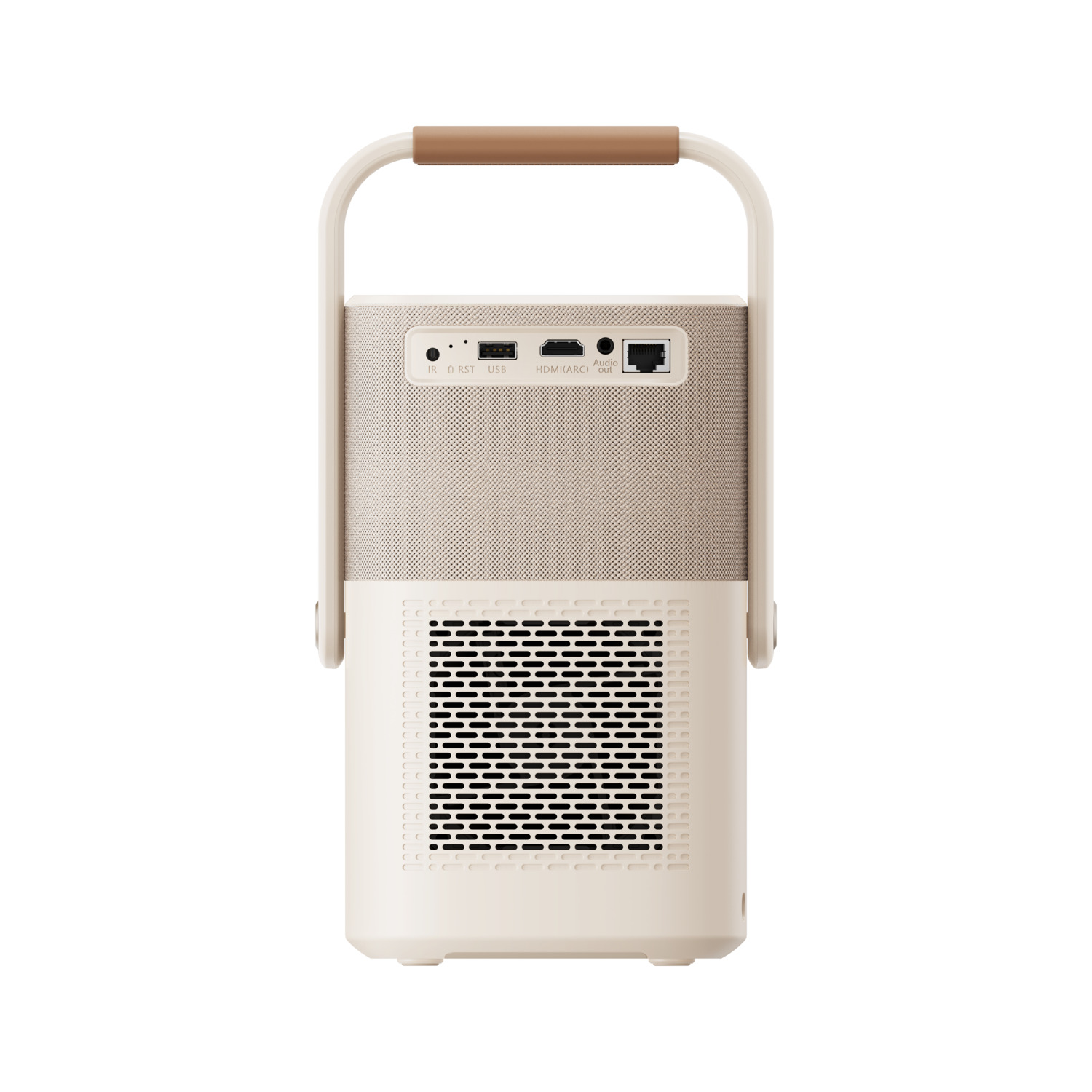 Une enceinte portable avec une poignée. Elle possède divers ports à l'arrière.