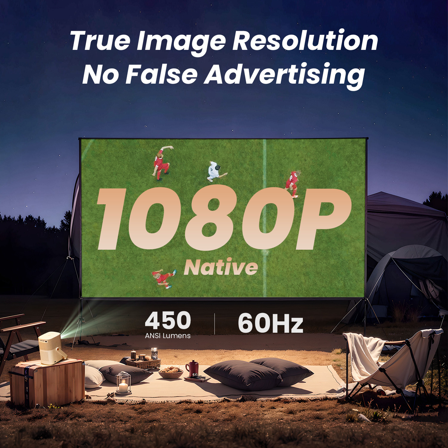 Un écran de projecteur affichant un terrain de baseball avec le texte "1080P Native" et d'autres détails.