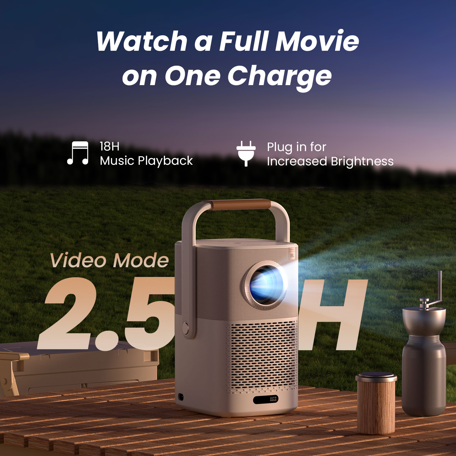 Un projecteur sur une terrasse en bois, affichant un film. Le texte dit 'Watch a Full Movie on One Charge'.