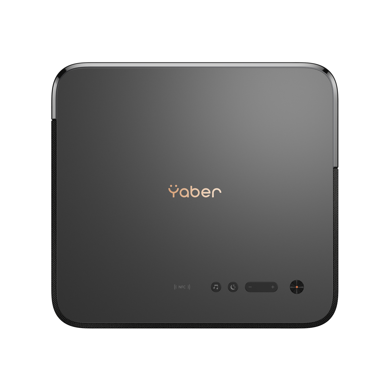 Un projecteur Yaber noir. Il possède un logo et des boutons de commande. L'arrière comporte des ports.