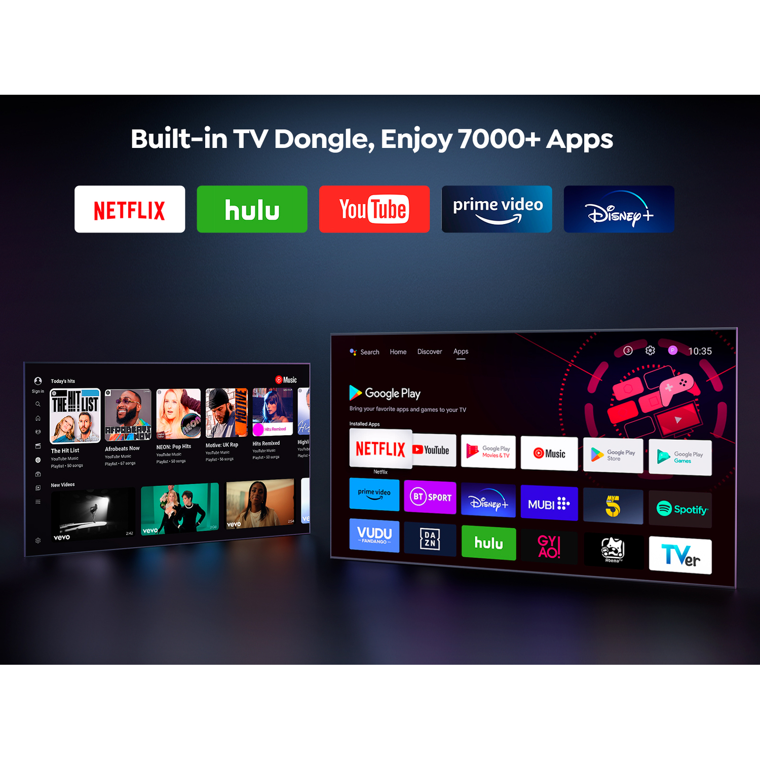 Un écran de télévision affiche des applications et une interface Netflix. Les mots Built-in TV Dongle sont affichés.