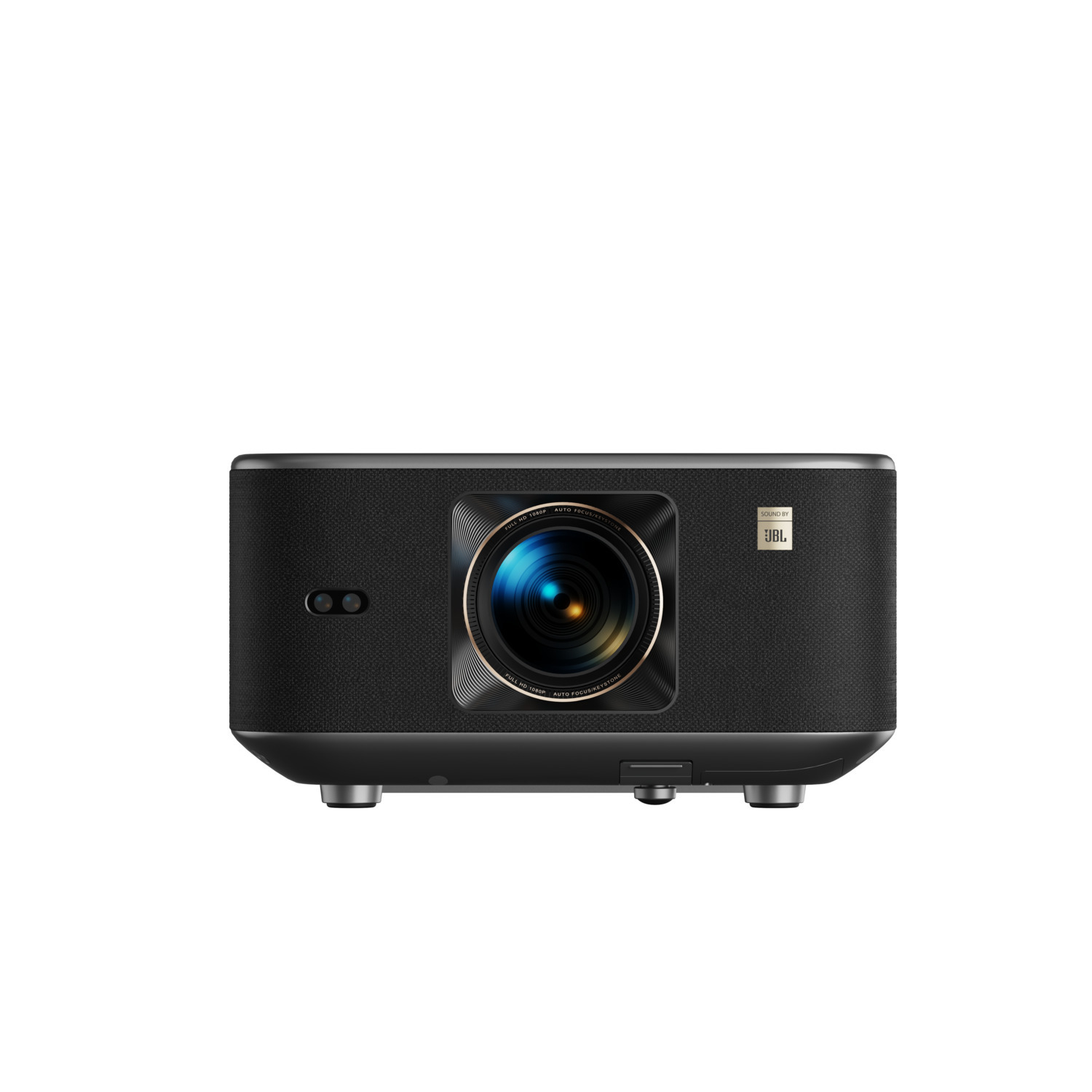 Un projecteur noir avec une lentille au centre, sur fond blanc. Le logo JBL est dessus.