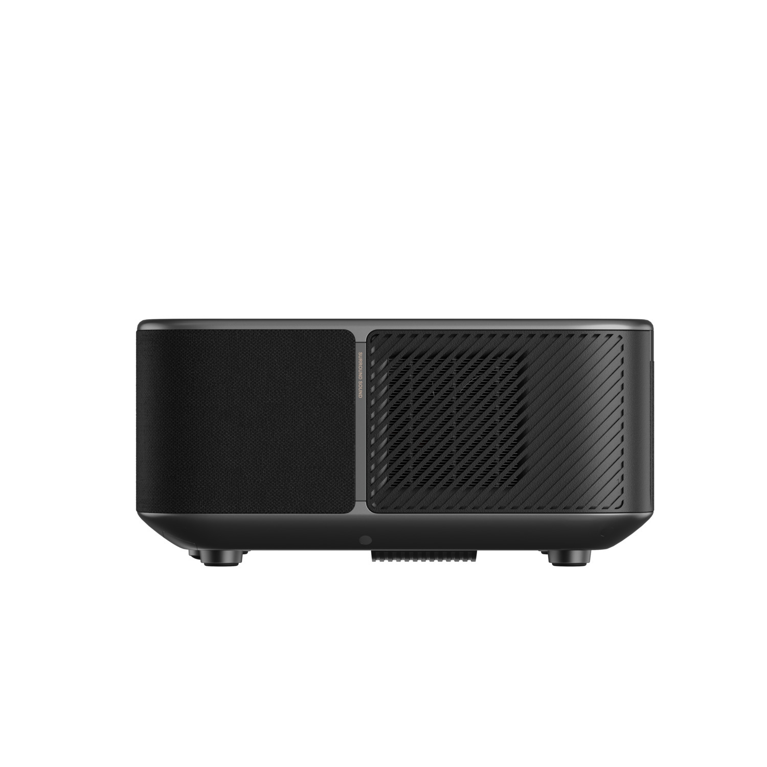 Un projecteur noir et rectangulaire, avec une grille de haut-parleur à l'avant.