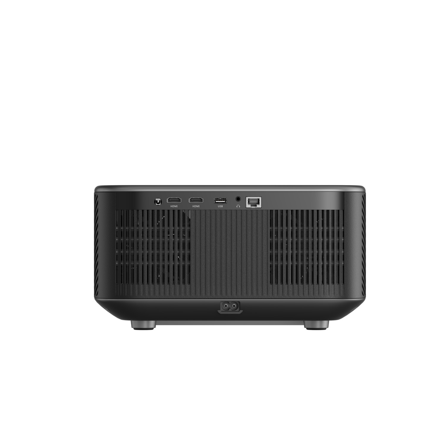 Projecteur noir avec aérations, ports et entrée d'alimentation, sur fond blanc.